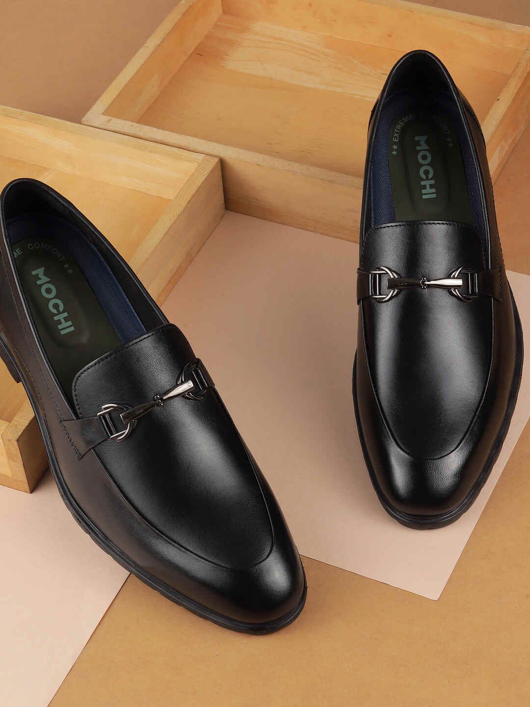 

Mochi Men Leather Formal Loafers Shoes, Black