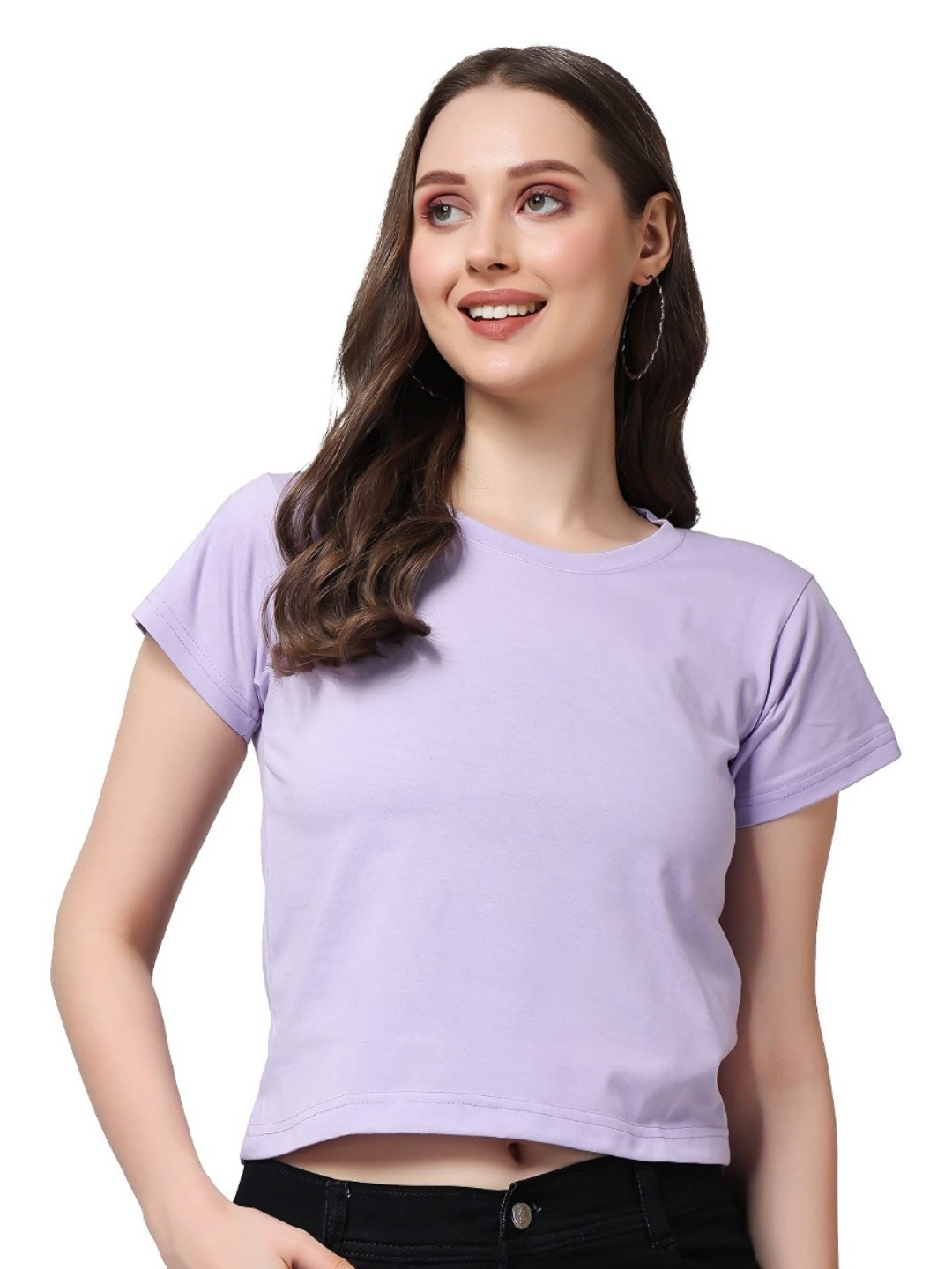 

NOTWILD Women Solid Round Neck Cotton Boxy T-shirt, Lavender