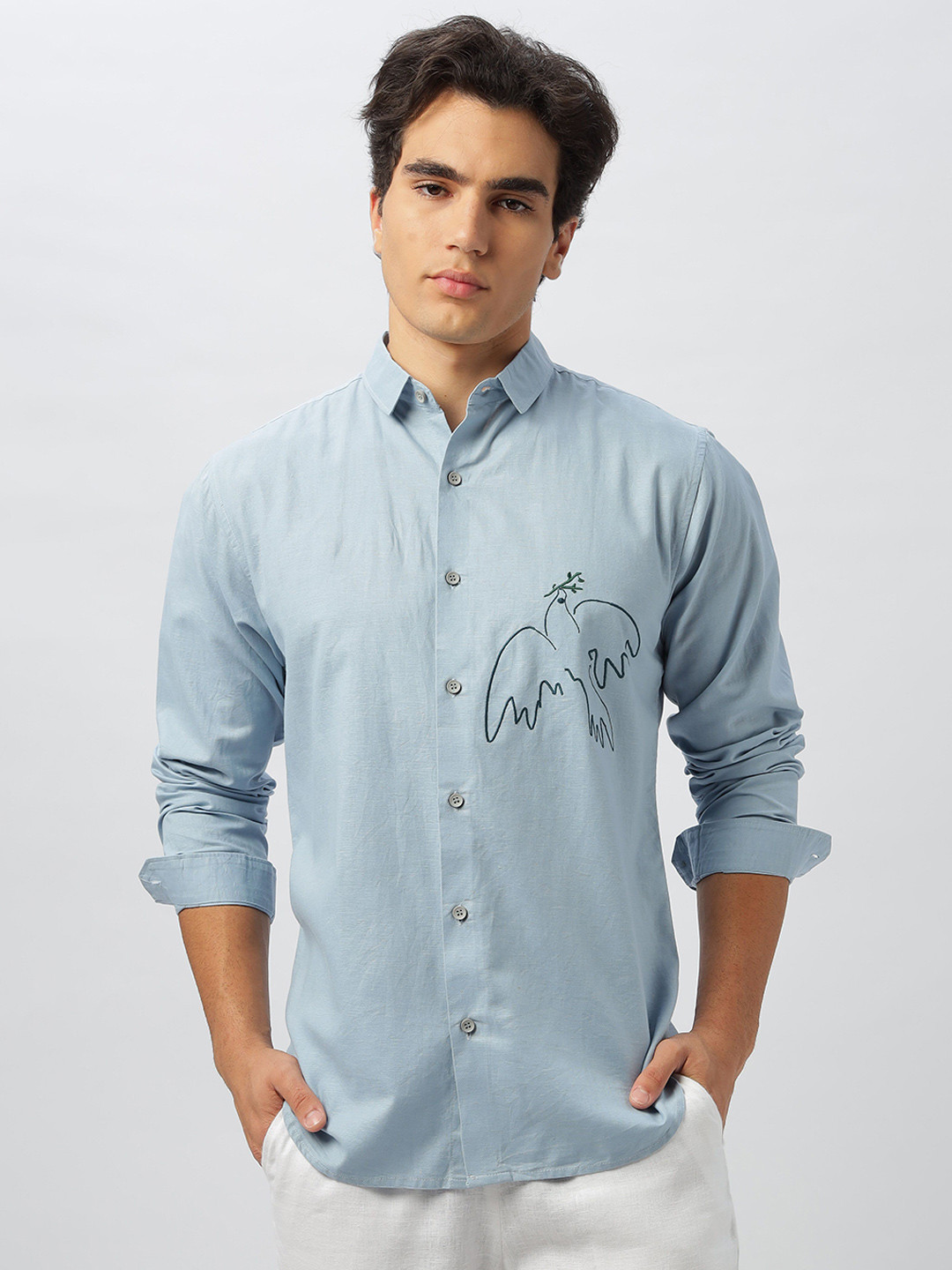 

HAMPTONS Men Standard Fit Spread Collar Graphic Printed Cotton Casual Shirt, Blue