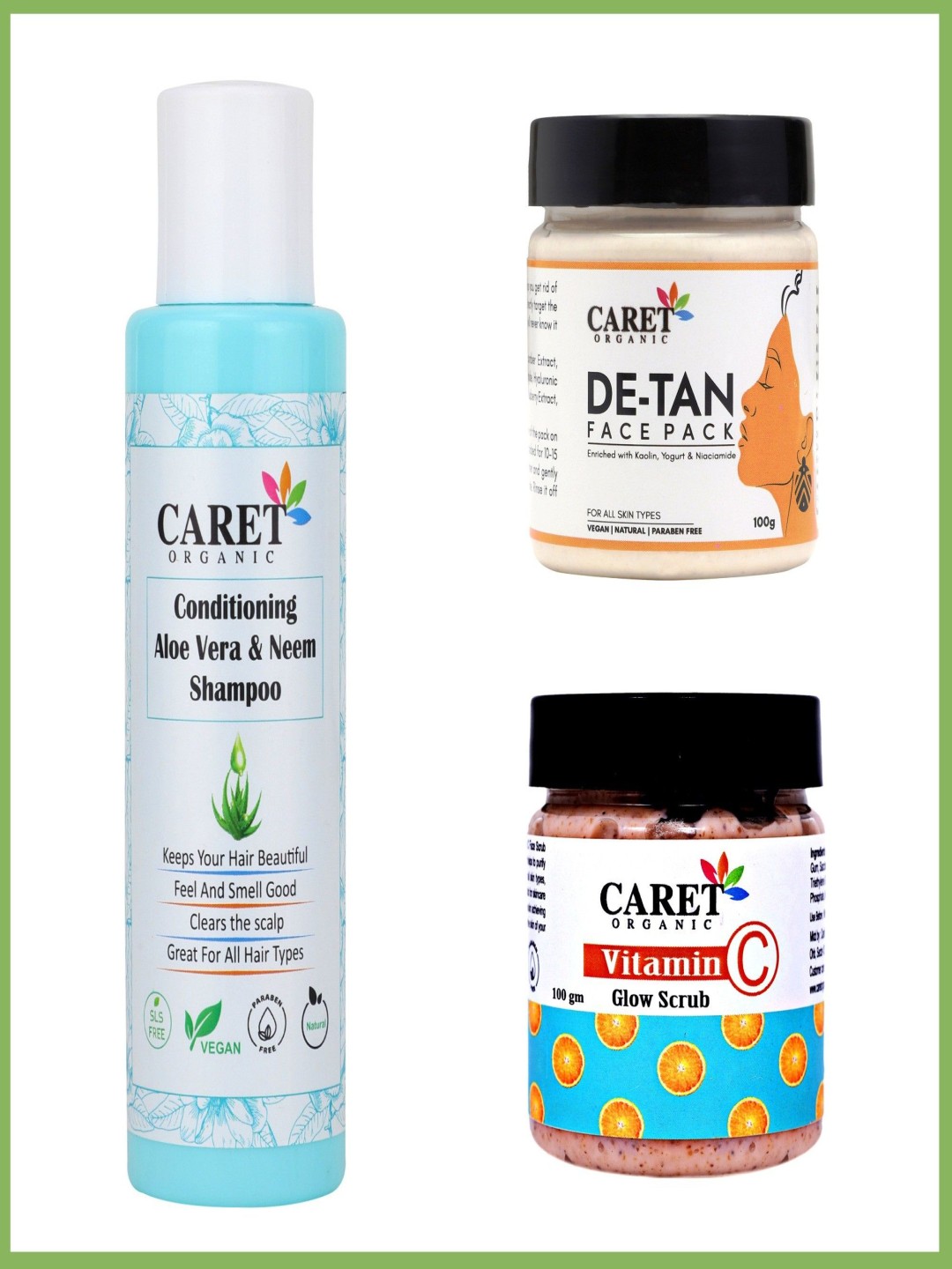 

CARET ORGANIC Set Of 3 Aloevera Shampoo, De-Tan Face Pack & Vitamin C Scrub, Multi