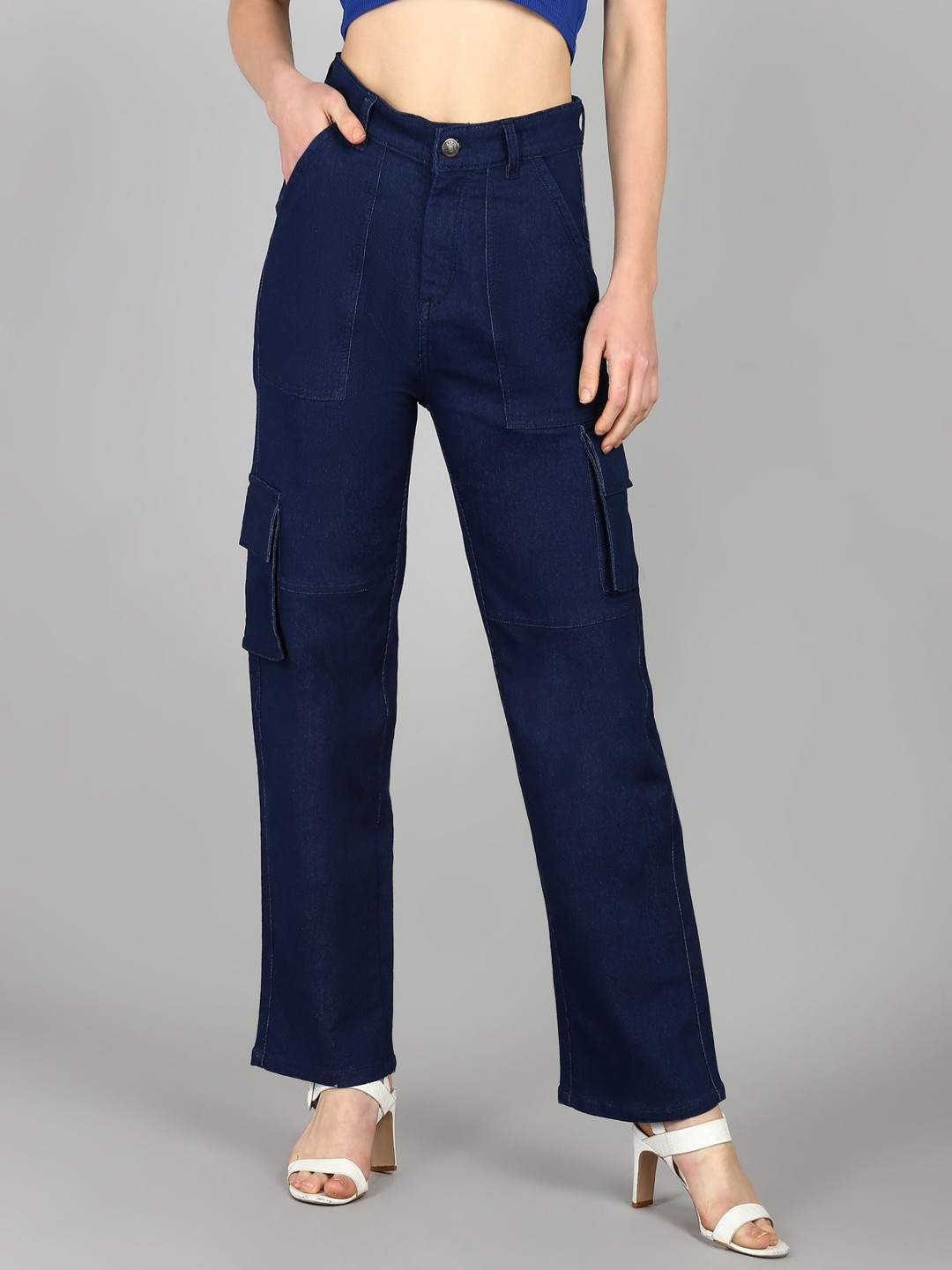 

Glossia Women Comfort Wide Leg High-Rise Light Fade Acid Wash Stretchable Jeans, Navy blue