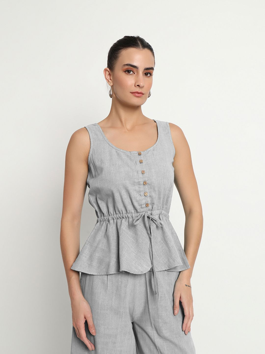 

Thevasa Round Neck Peplum Top with Palazzos, Grey