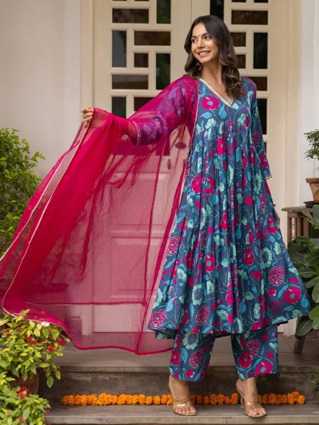 

Moda Rapido Floral Printed V-Neck Empire Gotta Patti Anarkali Kurta With Trouser & Dupatta, Blue