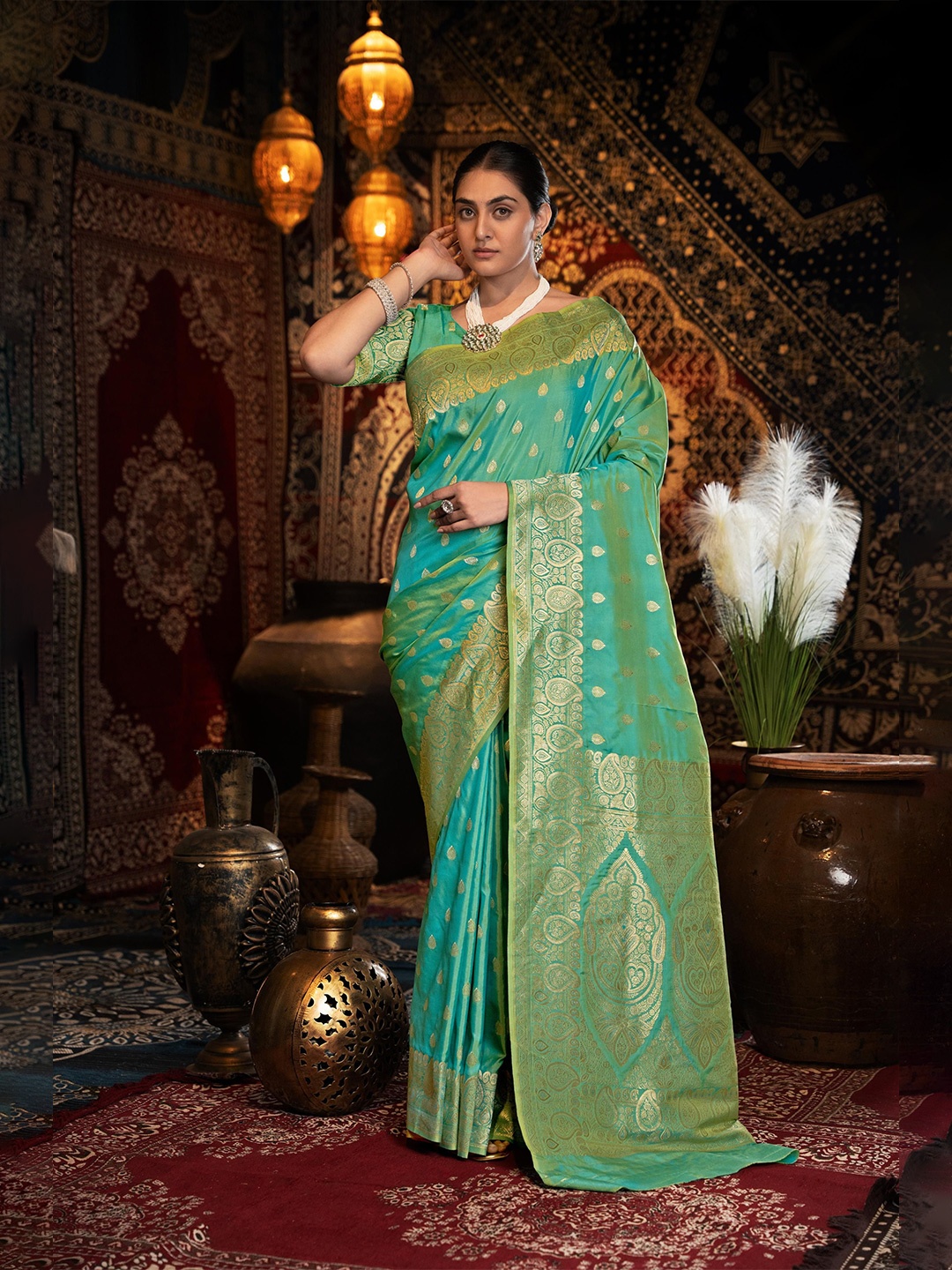 

ALAGINI Ethnic Motifs Zari Banarasi Saree, Green