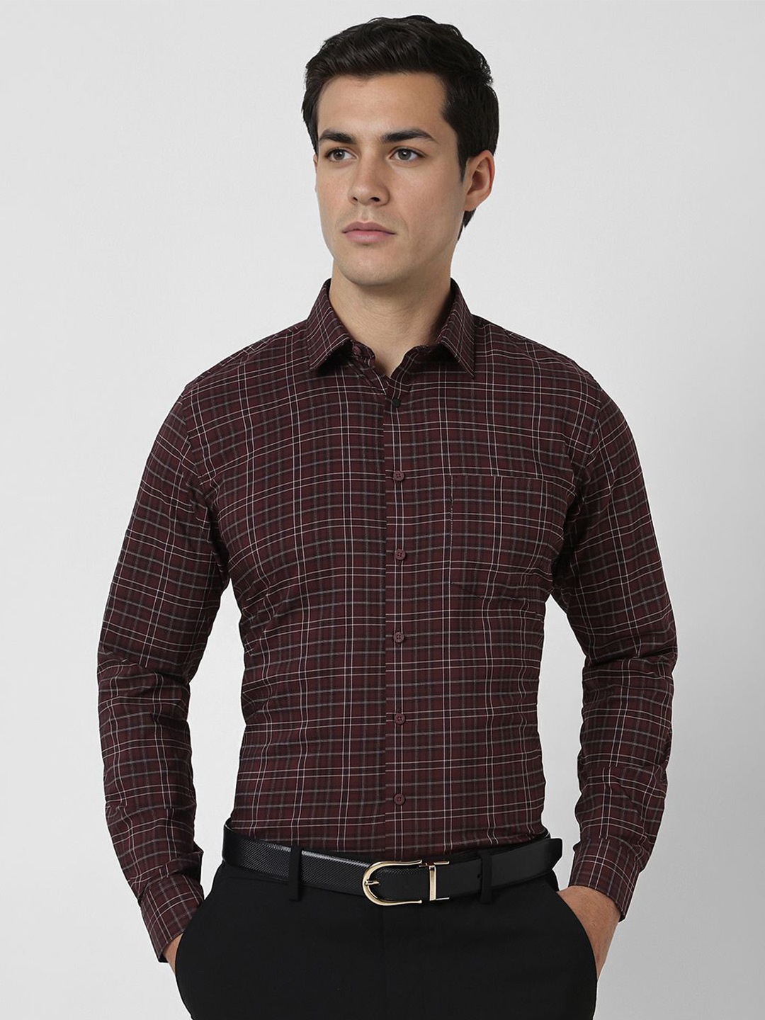 

Van Heusen Men Slim Fit Spread Collar Tartan Checked Cotton Formal Shirt, Maroon