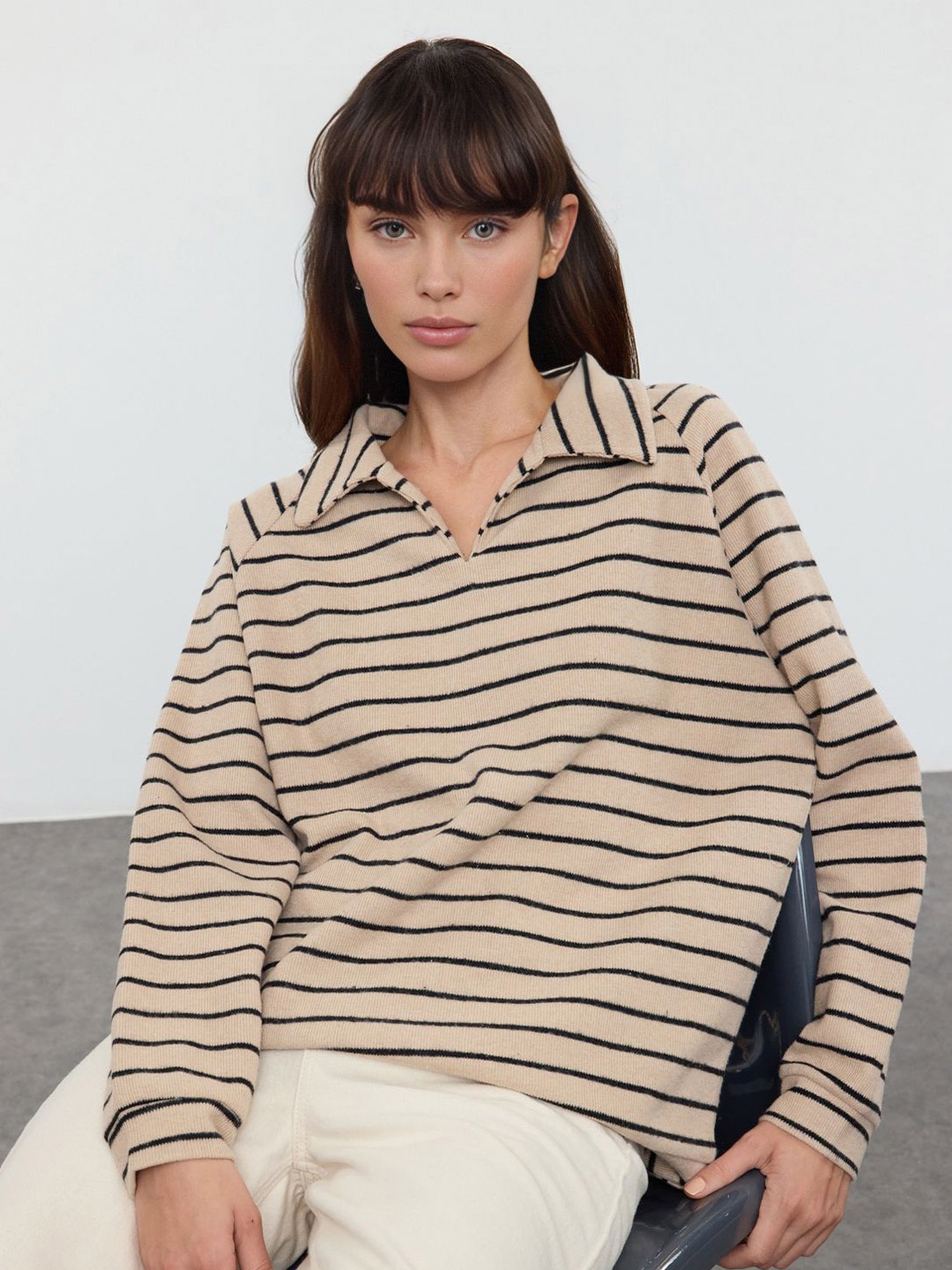 

Trendyol Women Striped Shirt Collar Sweatshirt, Beige