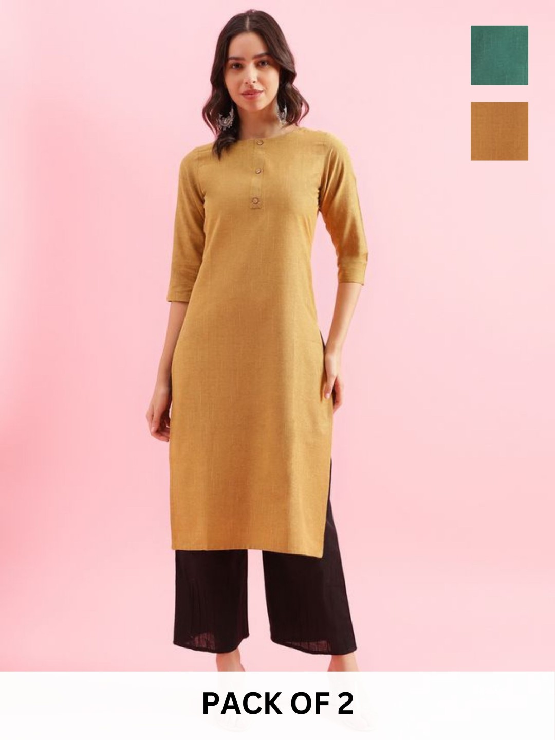 

KALINI Selection Of 2 Woven Design Round Neck Straight Kurtas, Mustard
