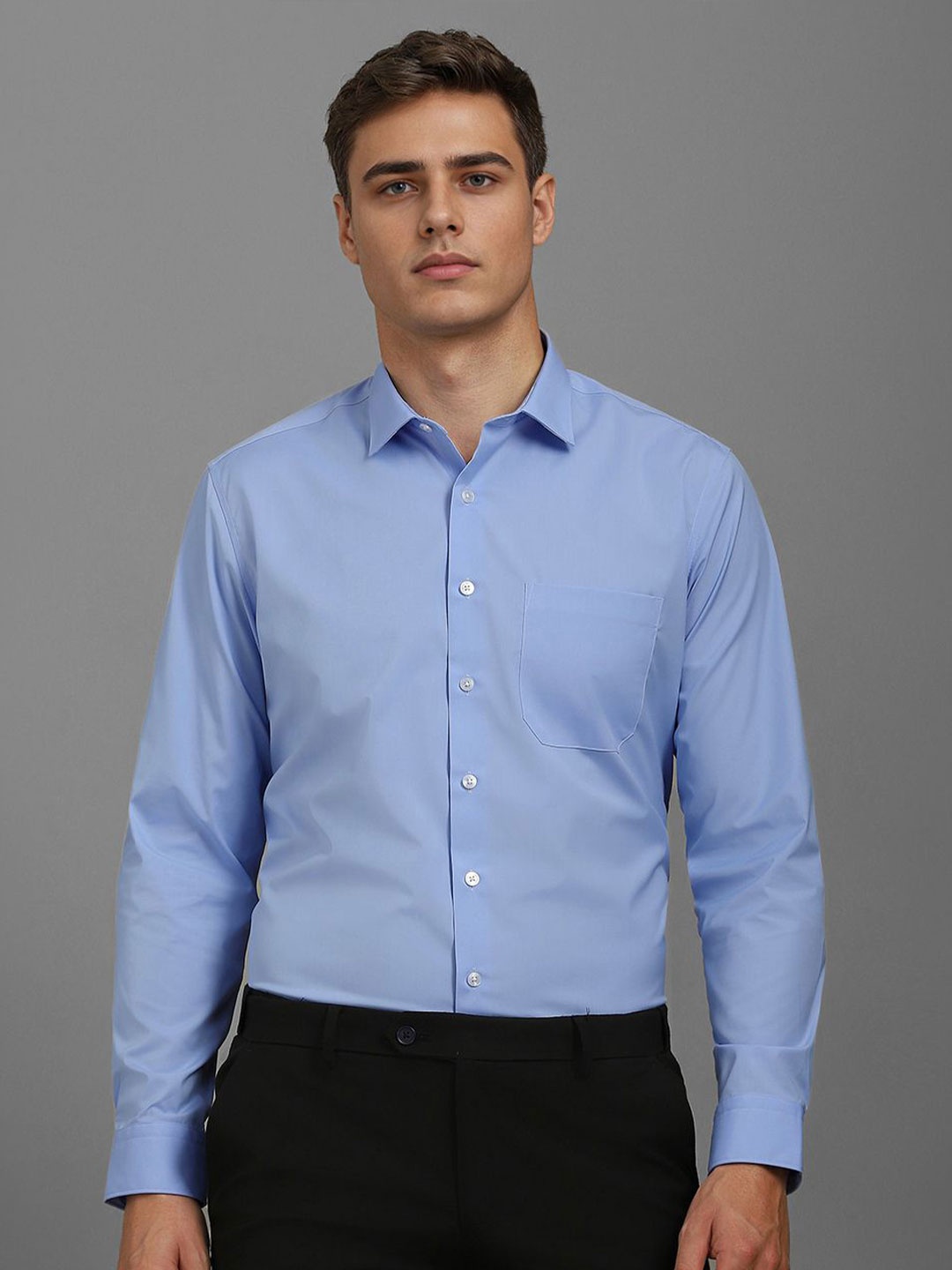 

Louis Philippe Men Slim Fit Spread Collar Solid Cotton Formal Shirt, Blue