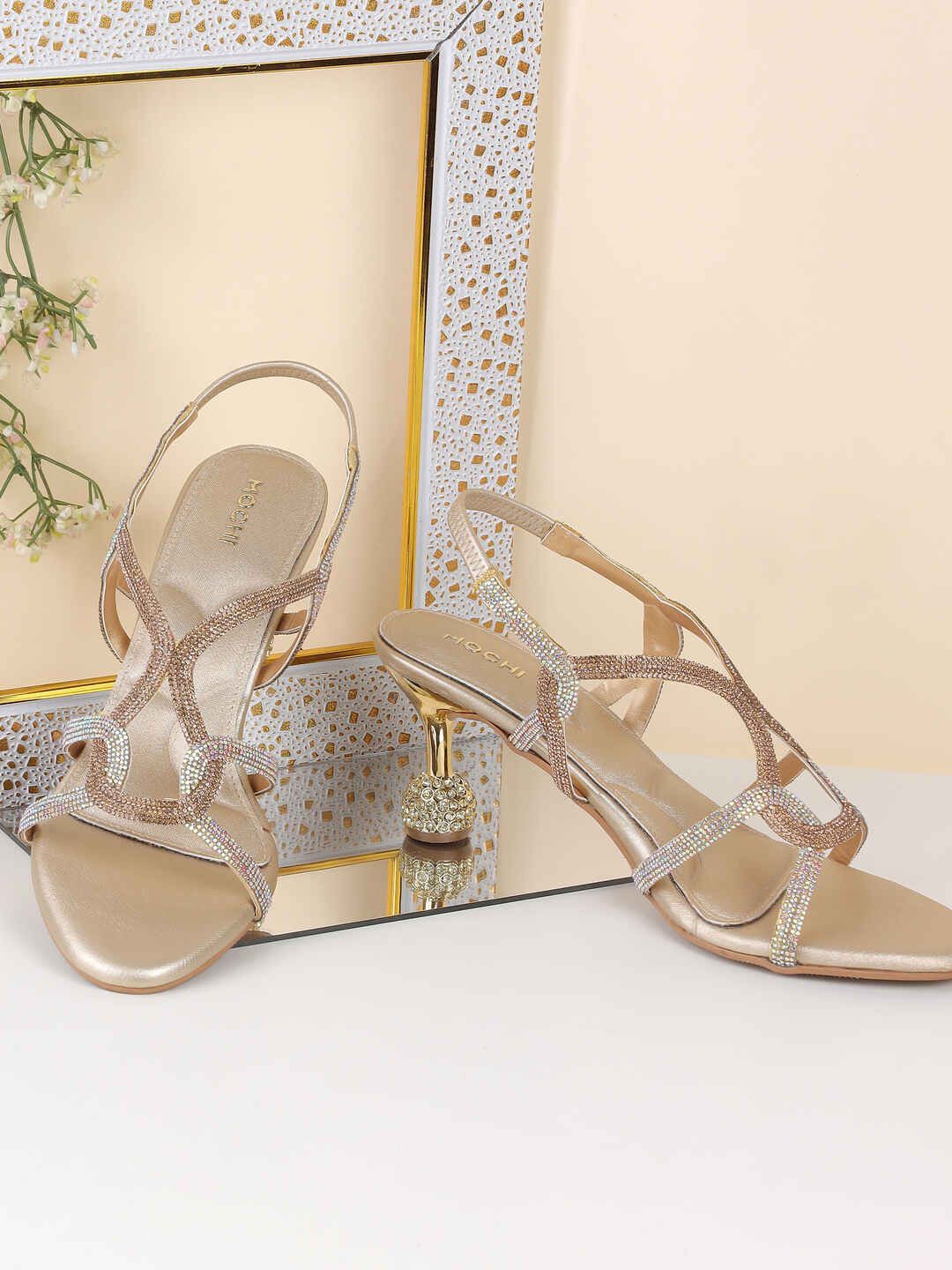 

Mochi Women Embellished Party Block Sandals, Gold