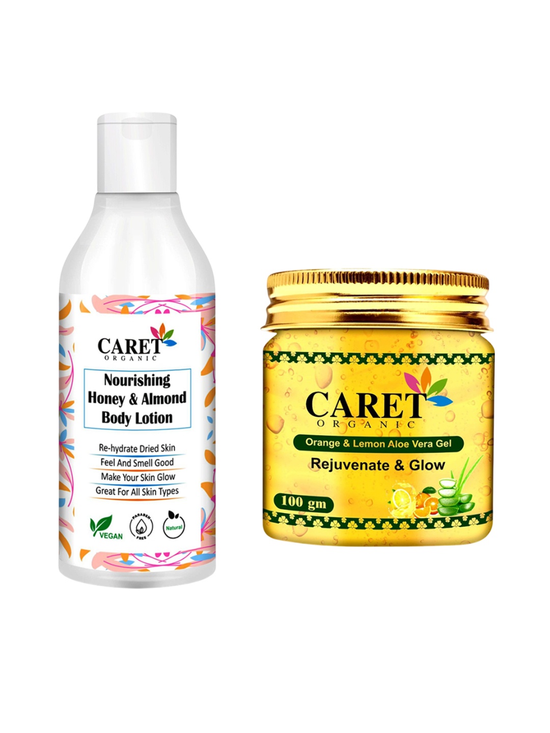 

CARET ORGANIC Set Of 2 Honey Almond Body Lotion - 250 ml & Aloevera Gel - 100 g, White