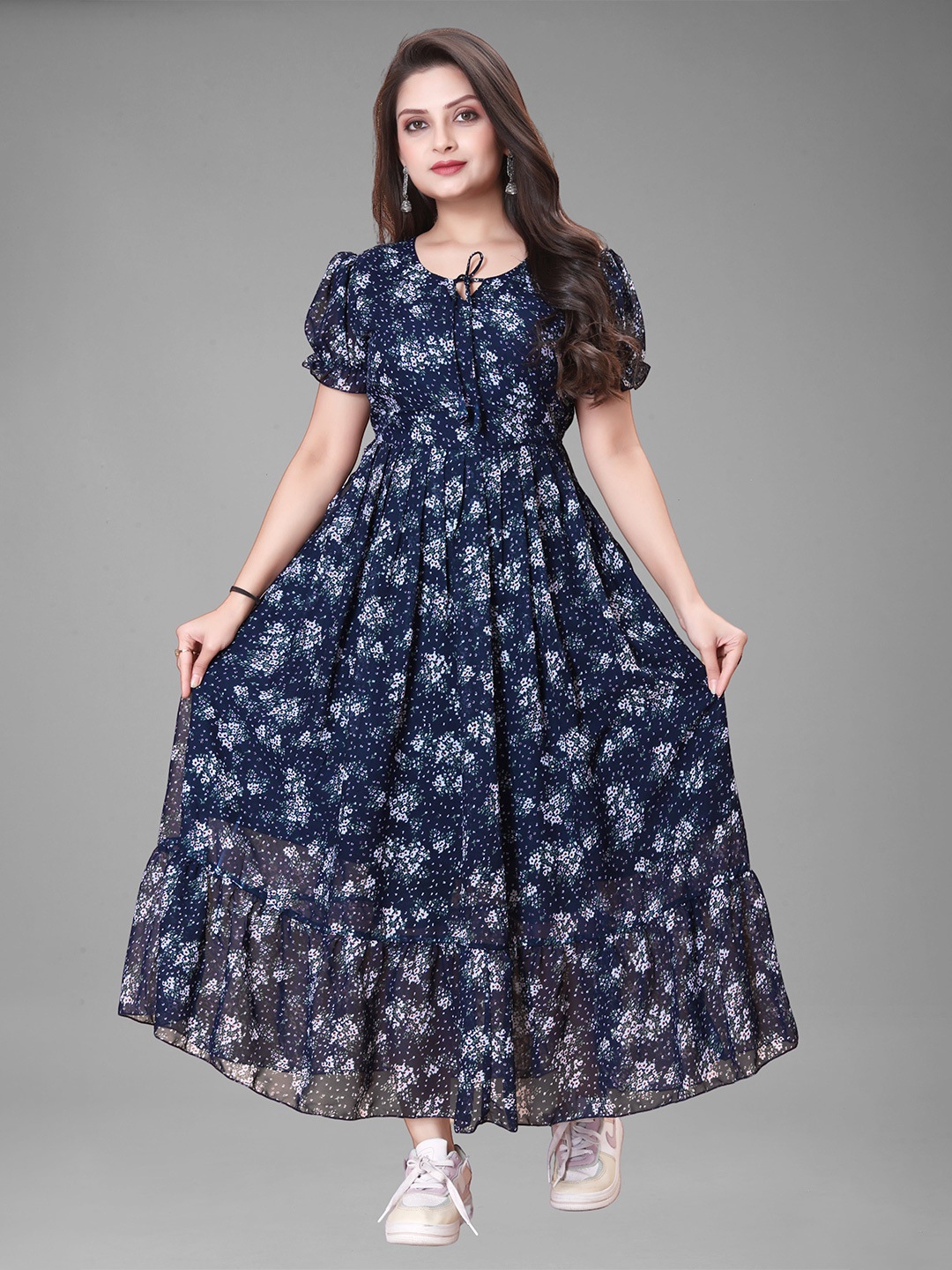 

QENA Floral Printed Tie-Up Neck Puff Sleeve Georgette Fit and Flare Maxi Dress, Blue