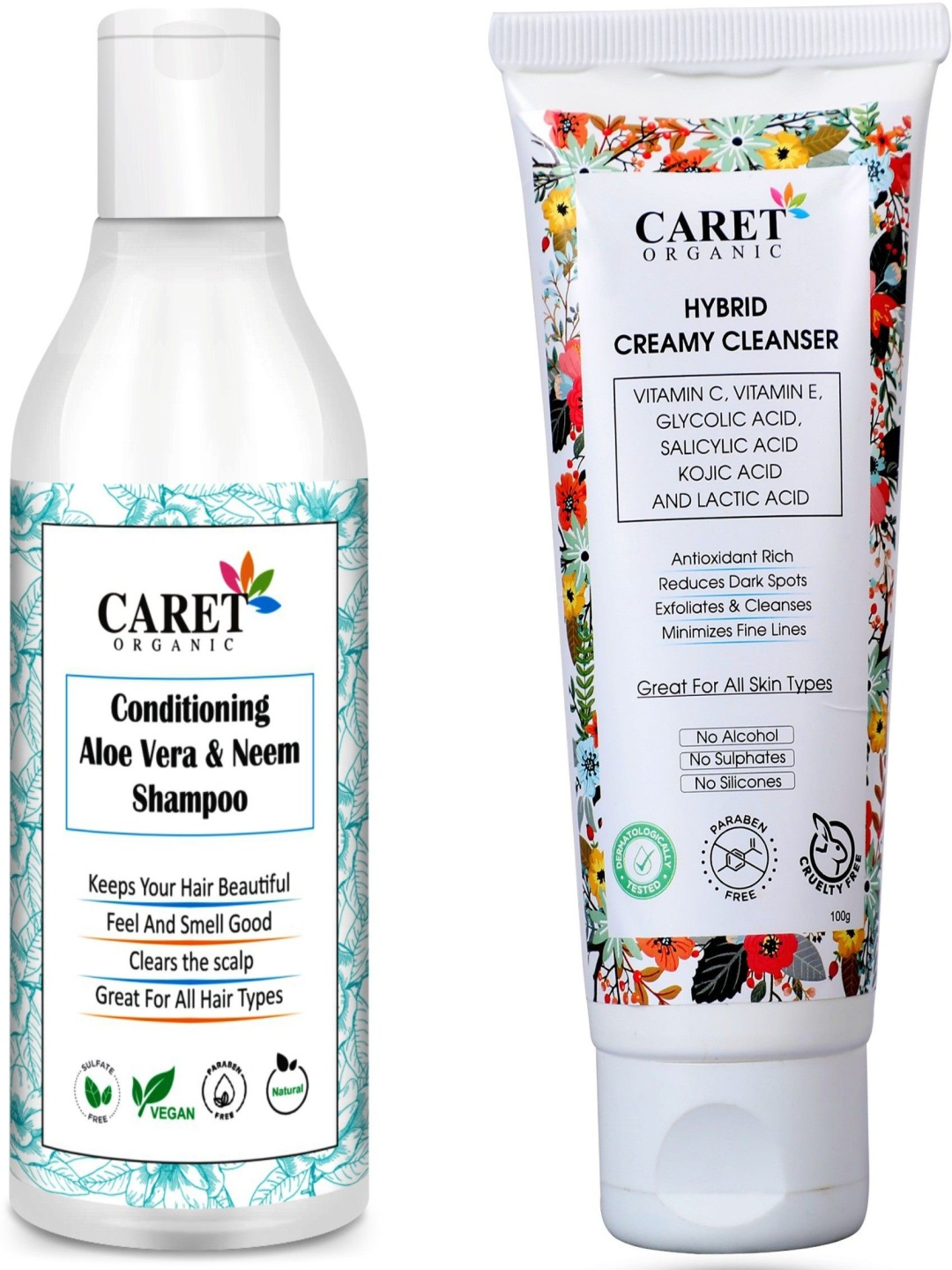 

CARET ORGANIC Set Of 2 Aloevera Neem Shampoo- 300 ml & Hybrid Creamy Facewash- 100 ml, Multi