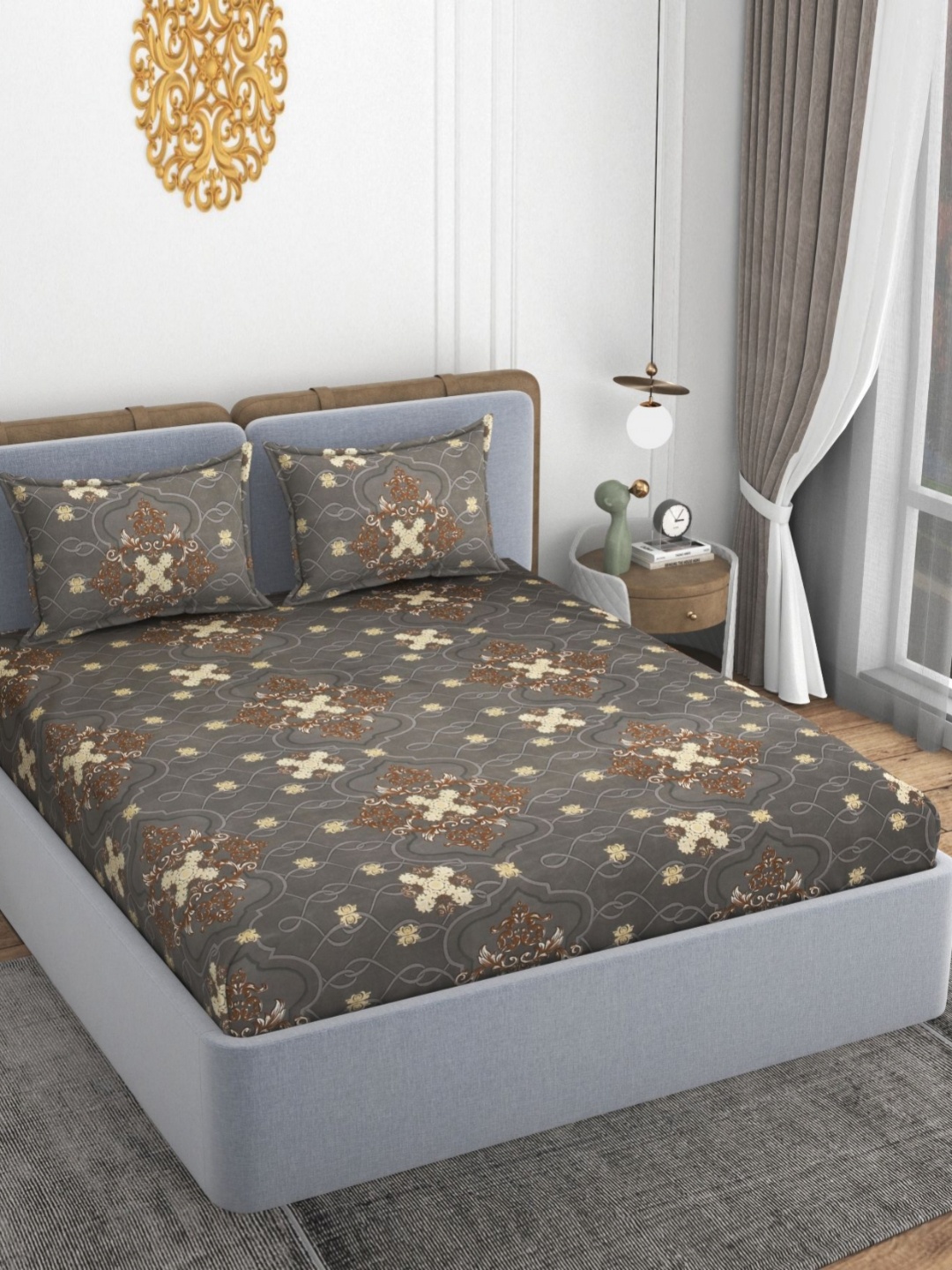 

VOMZER Grey & Brown Floral Printed 210 TC Fitted King Bedsheet Set 1.98 m x 1.83 m