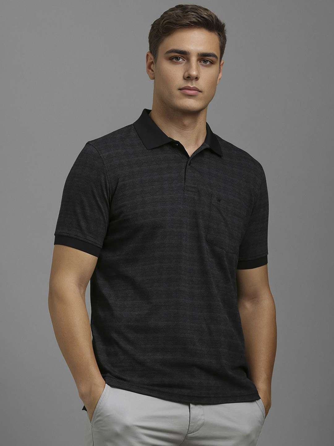 

Louis Philippe Men Self Design Polo Collar Cotton T-shirt, Black