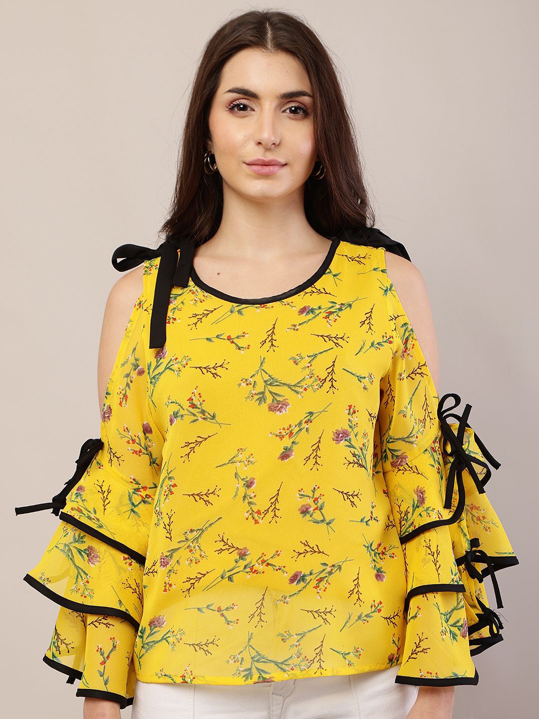 

Raabta Fashion Floral Print Cold-Shoulder Georgette Top, Yellow