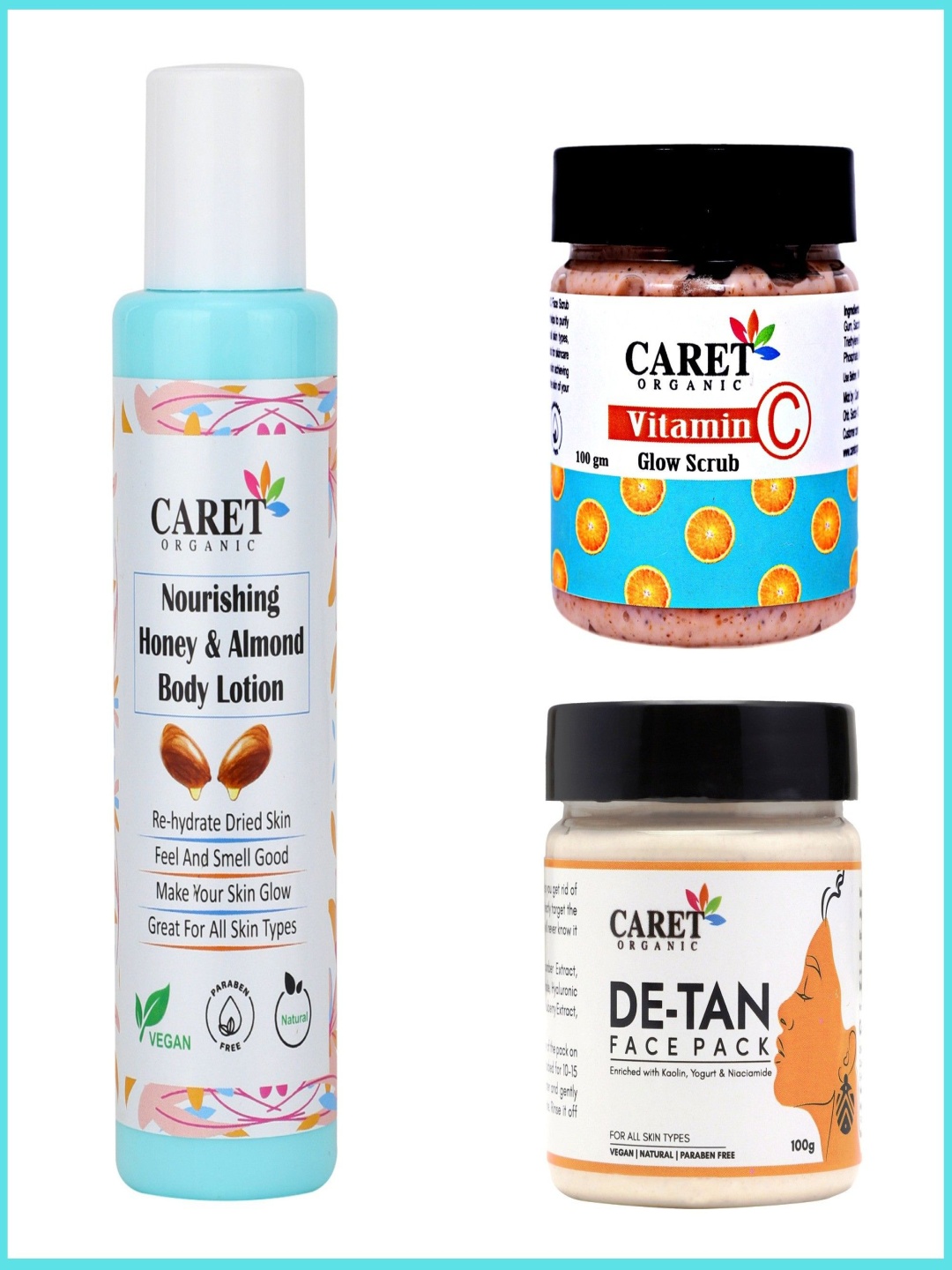 

CARET ORGANIC Set Of 3 Honey & Almond Body Lotion, Vitamin C Scrub & De-Tan Face Pack, Multi