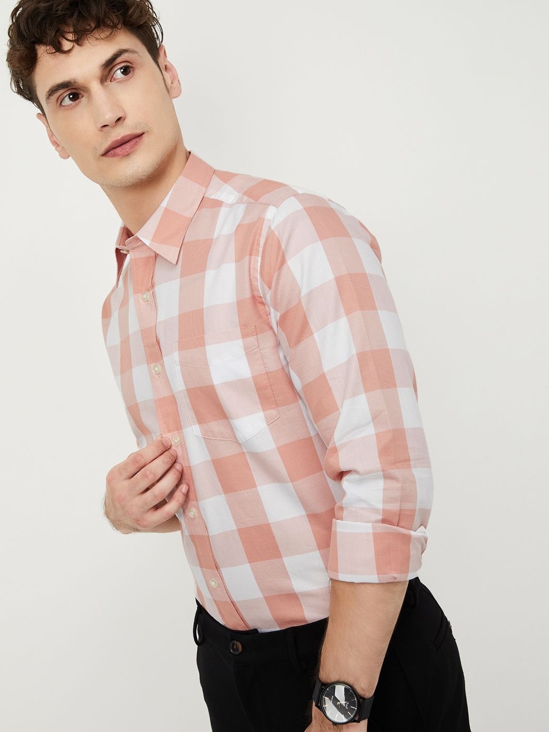 

max Men Spread Collar Buffalo Checked Cotton Casual Shirt, Pink