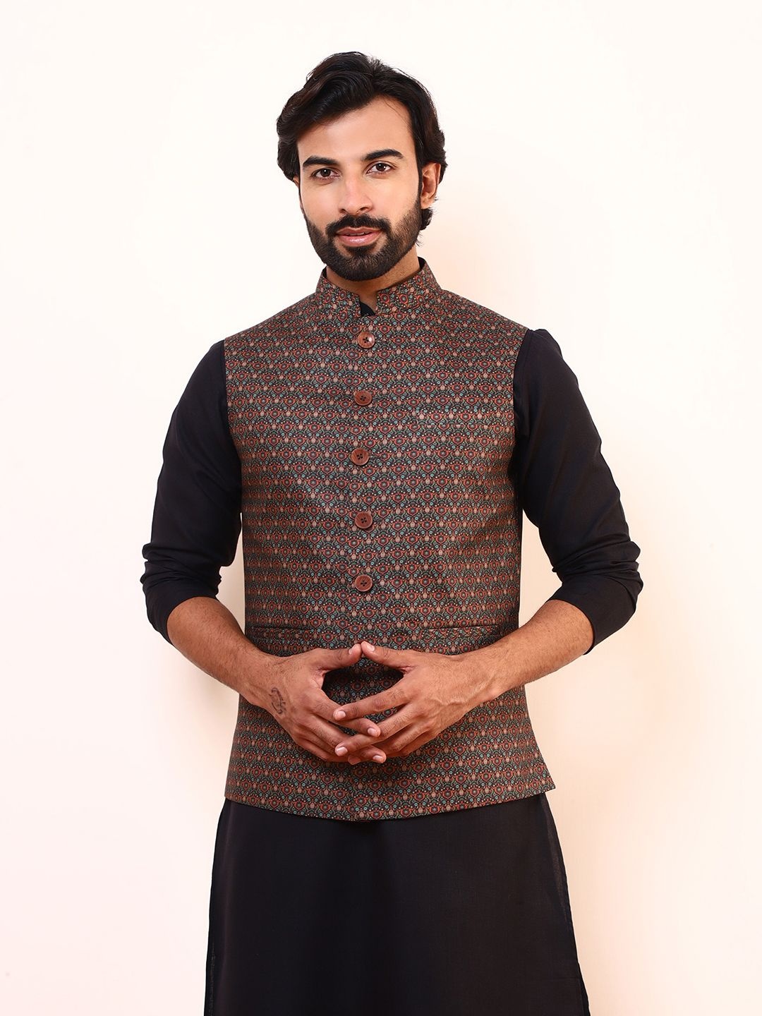 

Satwaa Printed Nehru Jacket, Coffee brown