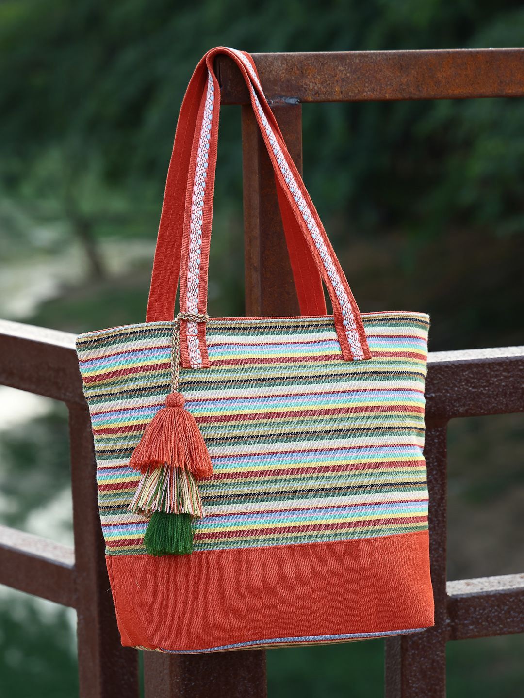 

Anekaant Striped Self Design Shopper Tasselled Eco- friendly Jacquard Cotton Tote Bag, Rust