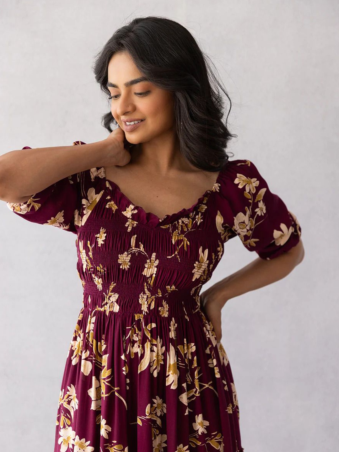 

Ariya Prints Floral Print Puff Sleeve Georgette Fit & Flare Dress, Rust