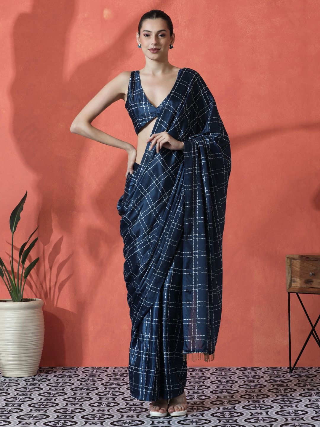 

Sangria Ready to wear Satin Checked Digital Printed Saree, Blue