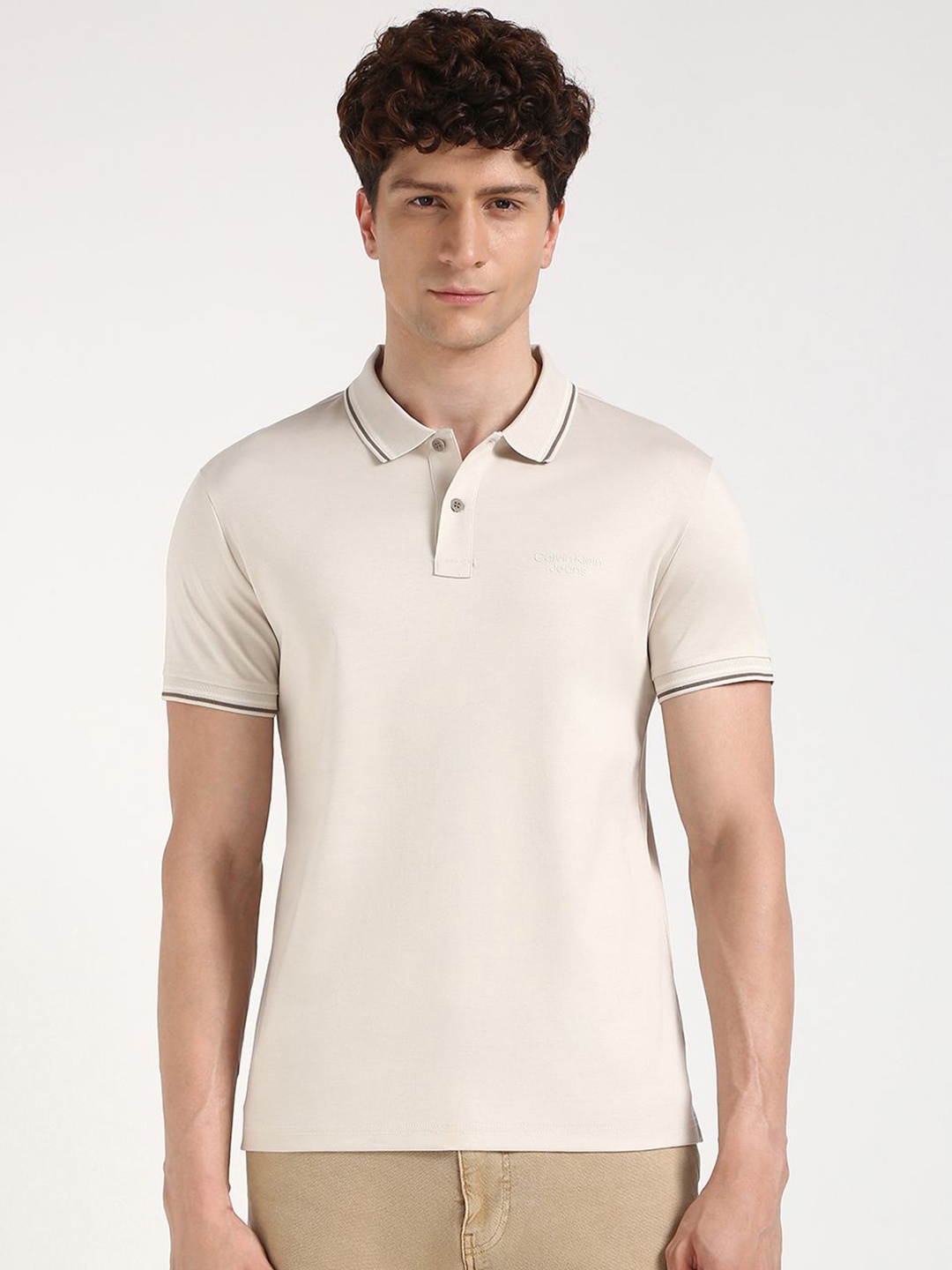 

Calvin Klein Jeans Men Polo Collar Applique T-shirt, White