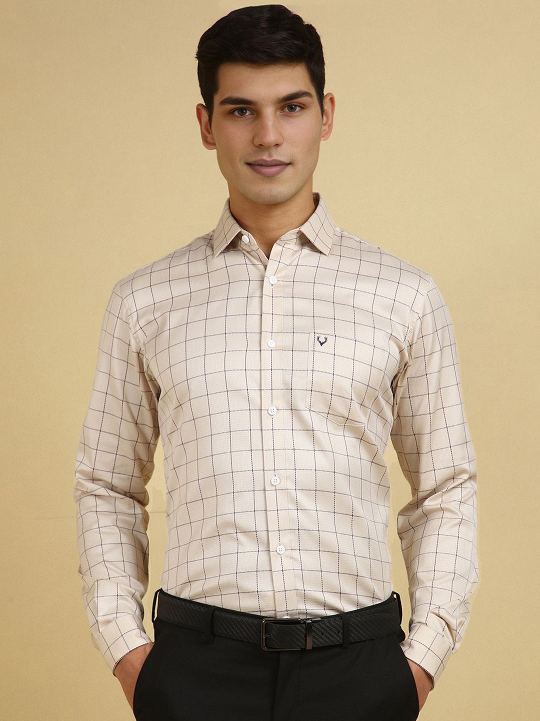 

Allen Solly Men Slim Fit Spread Collar Checked Cotton Formal Shirt, Beige