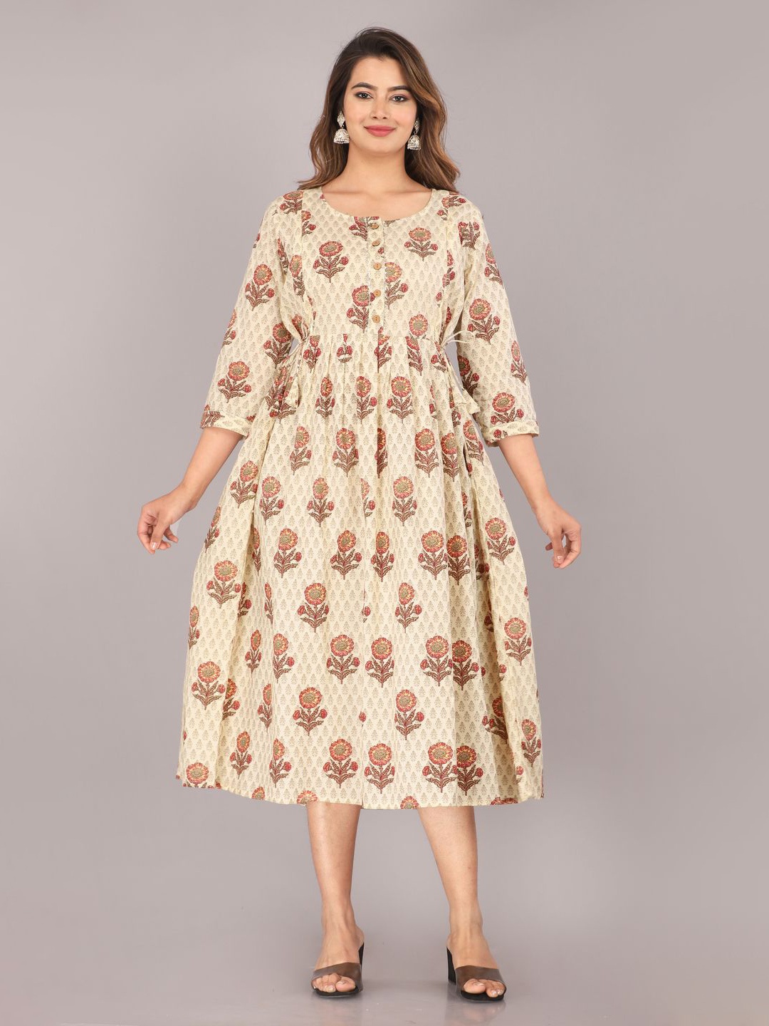 

GURRA Women Printed Round Neck Maternity Ethnic Dresses, Beige