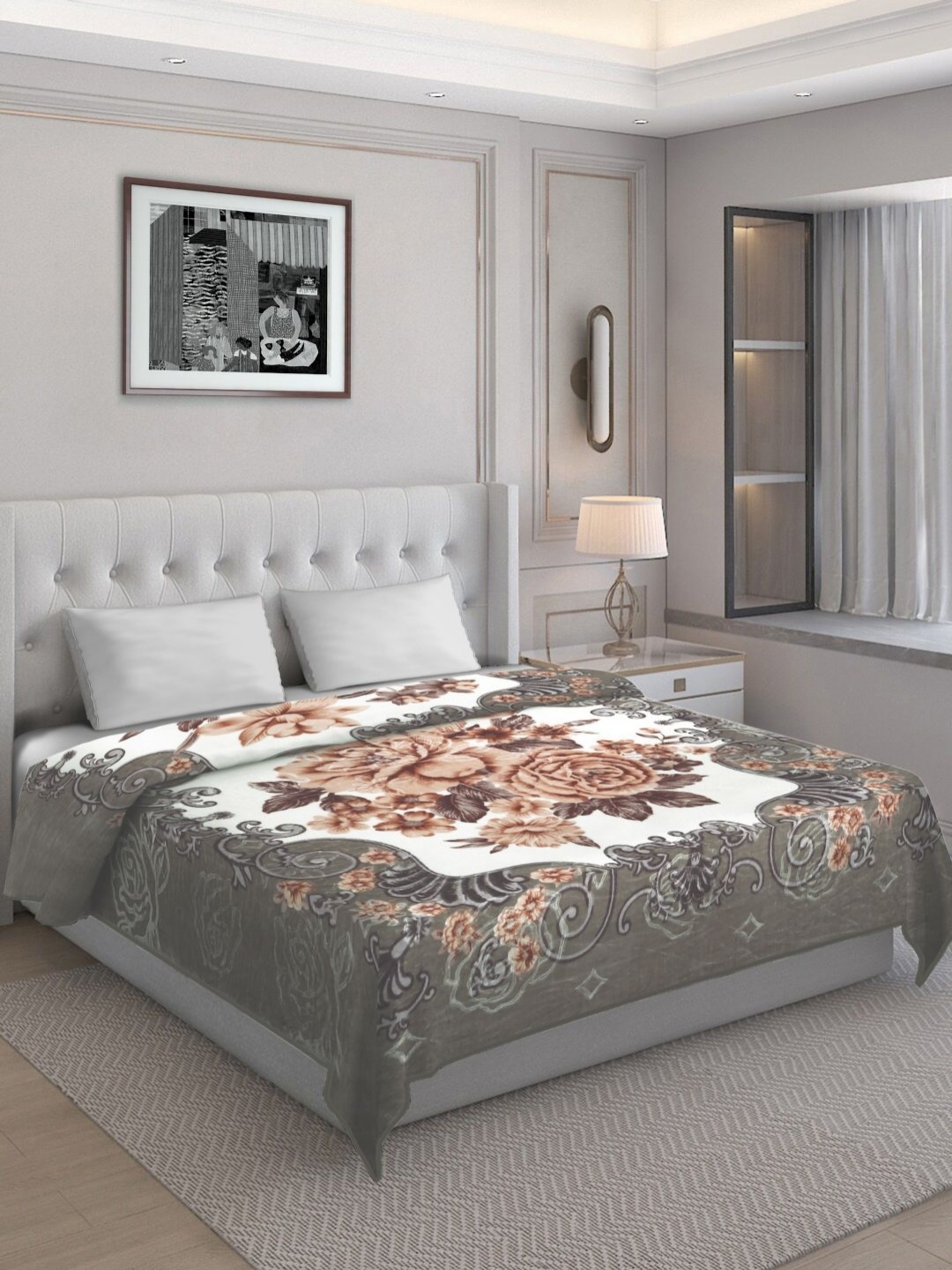 

KLOTTHE Brown & Green Floral Self-Design Heavy Winter 1000 GSM Double Bed Blanket