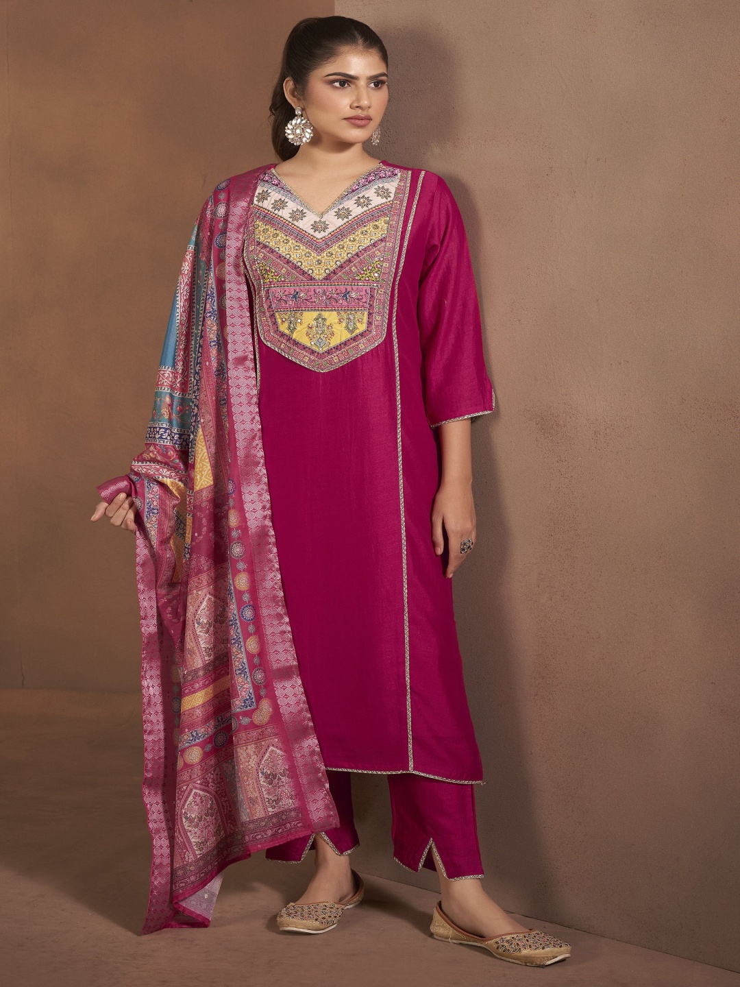 

Anouk Fuchsia Yoke Design V-Neck Sequinned Straight Kurta With Trousers & Dupatta