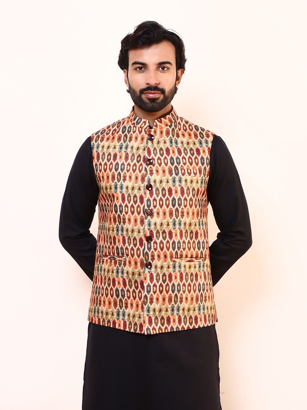 

Satwaa Geomertic Printed Nehru Jacket, Beige