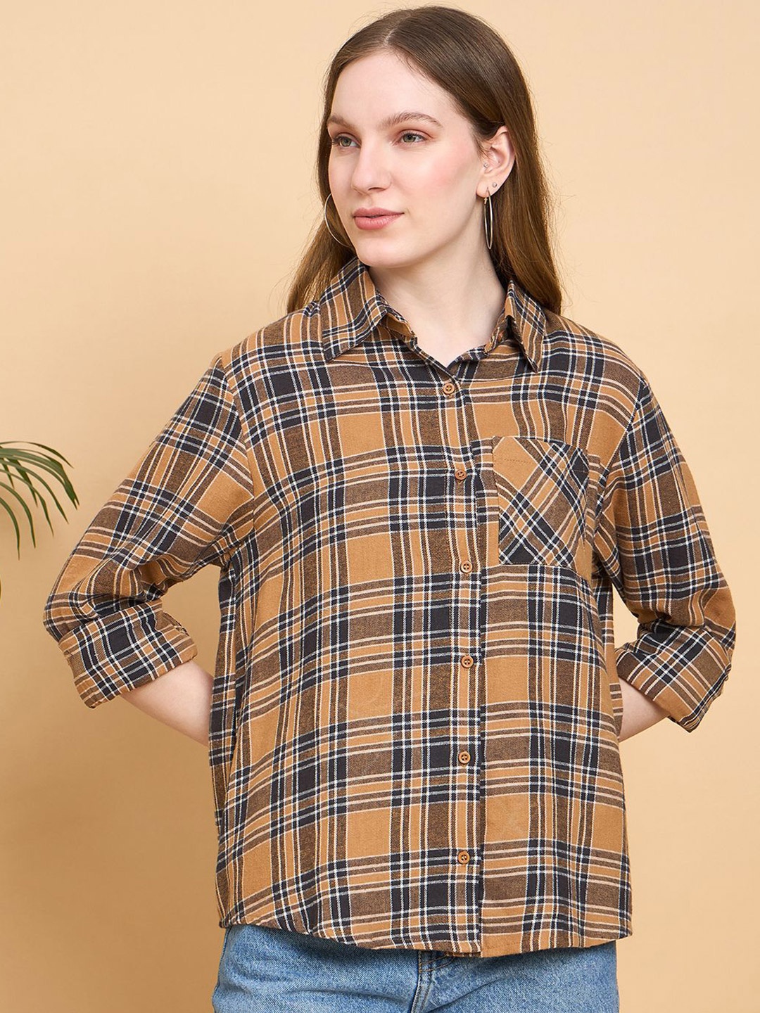 

JUNE & HARRY Women Relaxed Fit Spread Collar Tartan Checked Cotton Casual Shirt, Mustard