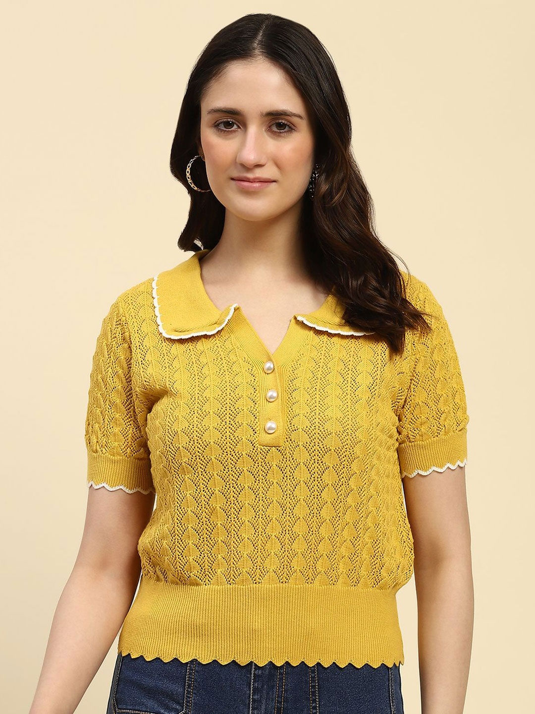 

Global Republic Shirt Collar Self Design Top, Yellow