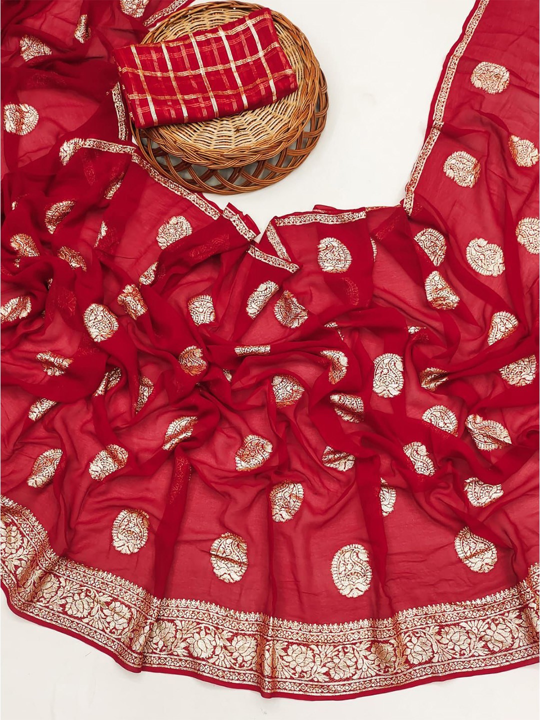 

PAYAL CREATION Ethnic Motifs Zari Pure Georgette Saree, Red