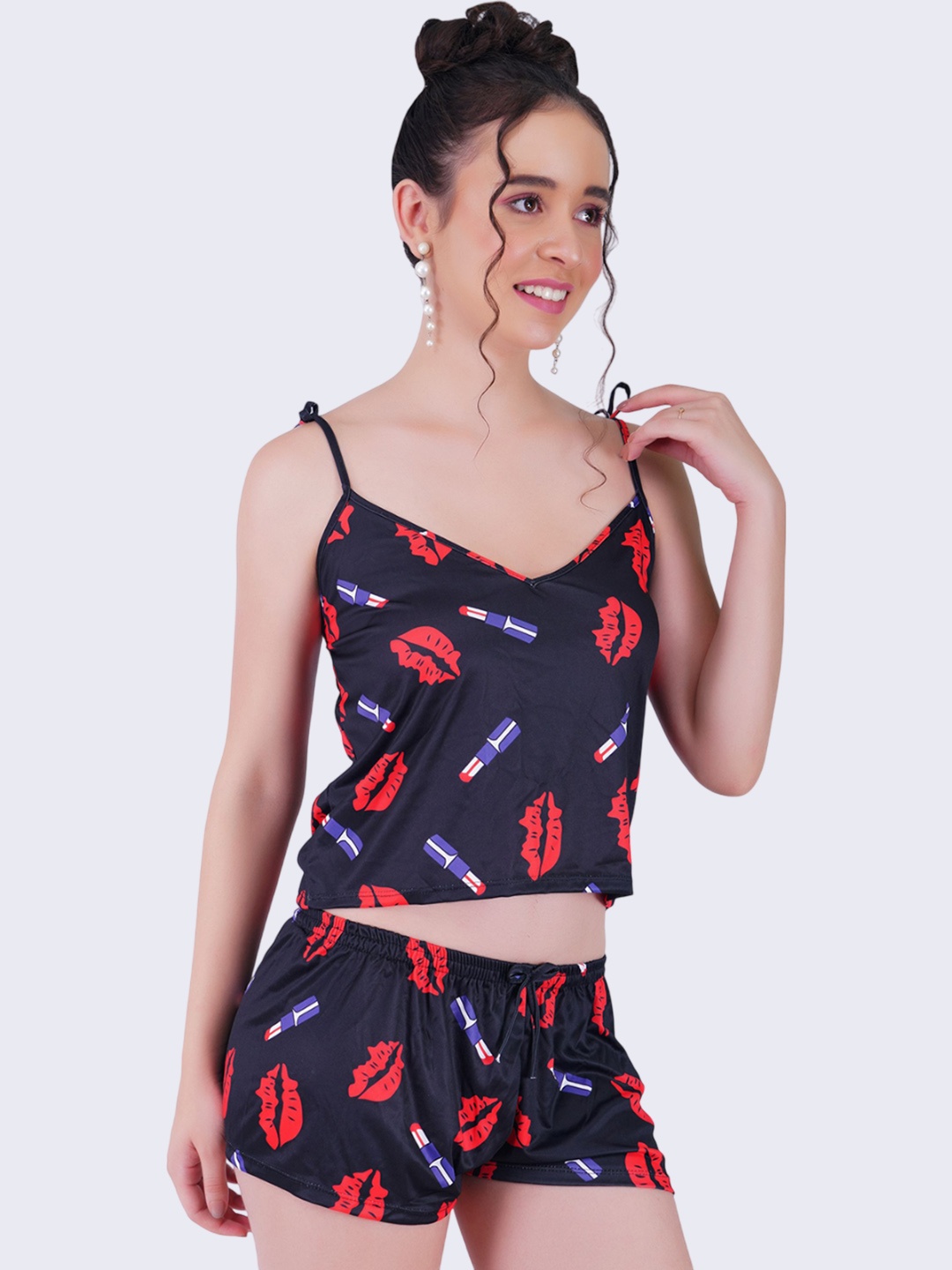 

SSoShHub Printed Satin Night Suits, Black