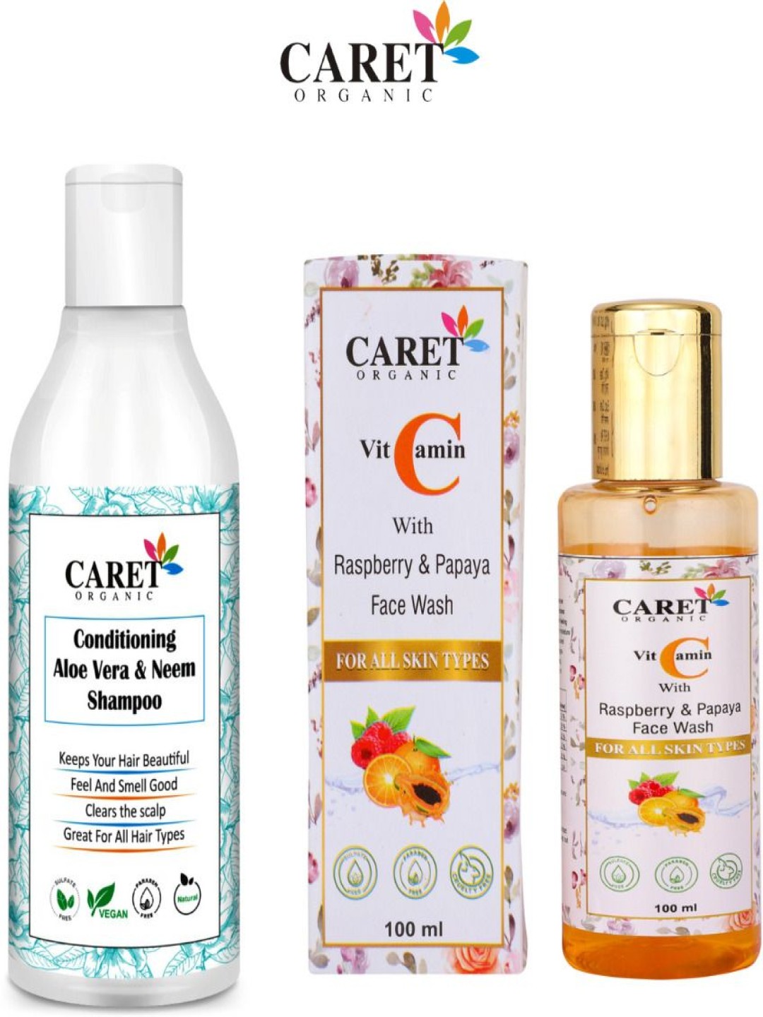 

CARET ORGANIC Set Of 2 Aloevera & Neem Shampoo - 300 ml & Papaya Facewash - 100 ml, White
