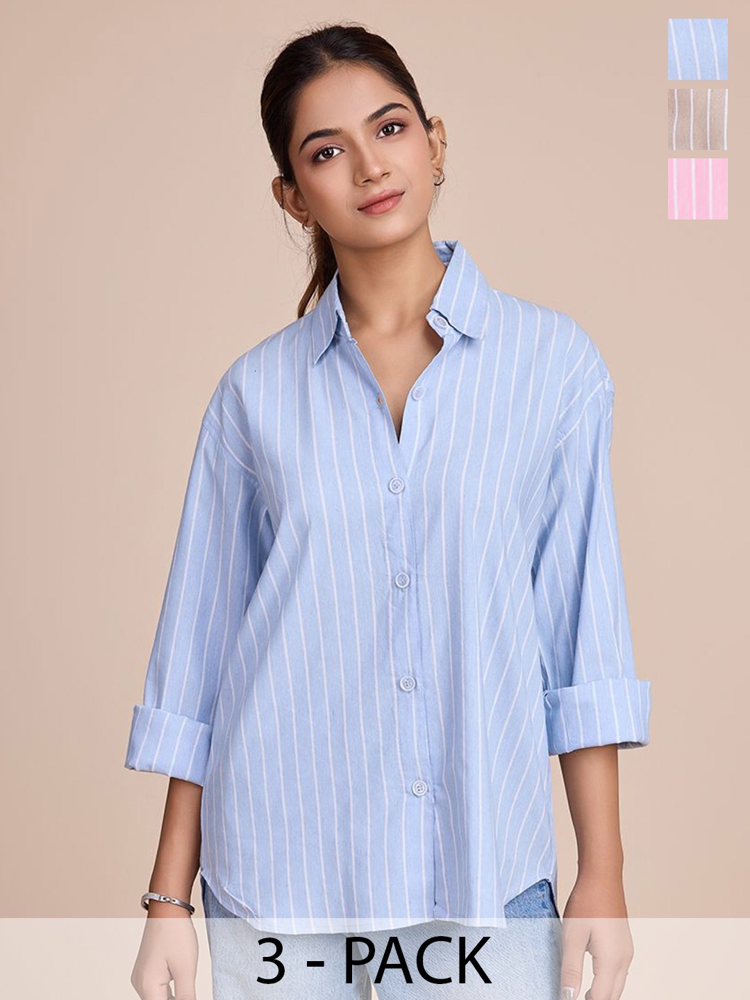 

HOUSE OF MIRA Women Pack Of 3 Classic Oversized Fit Vertical Striped Cotton Casual Shirts, Blue