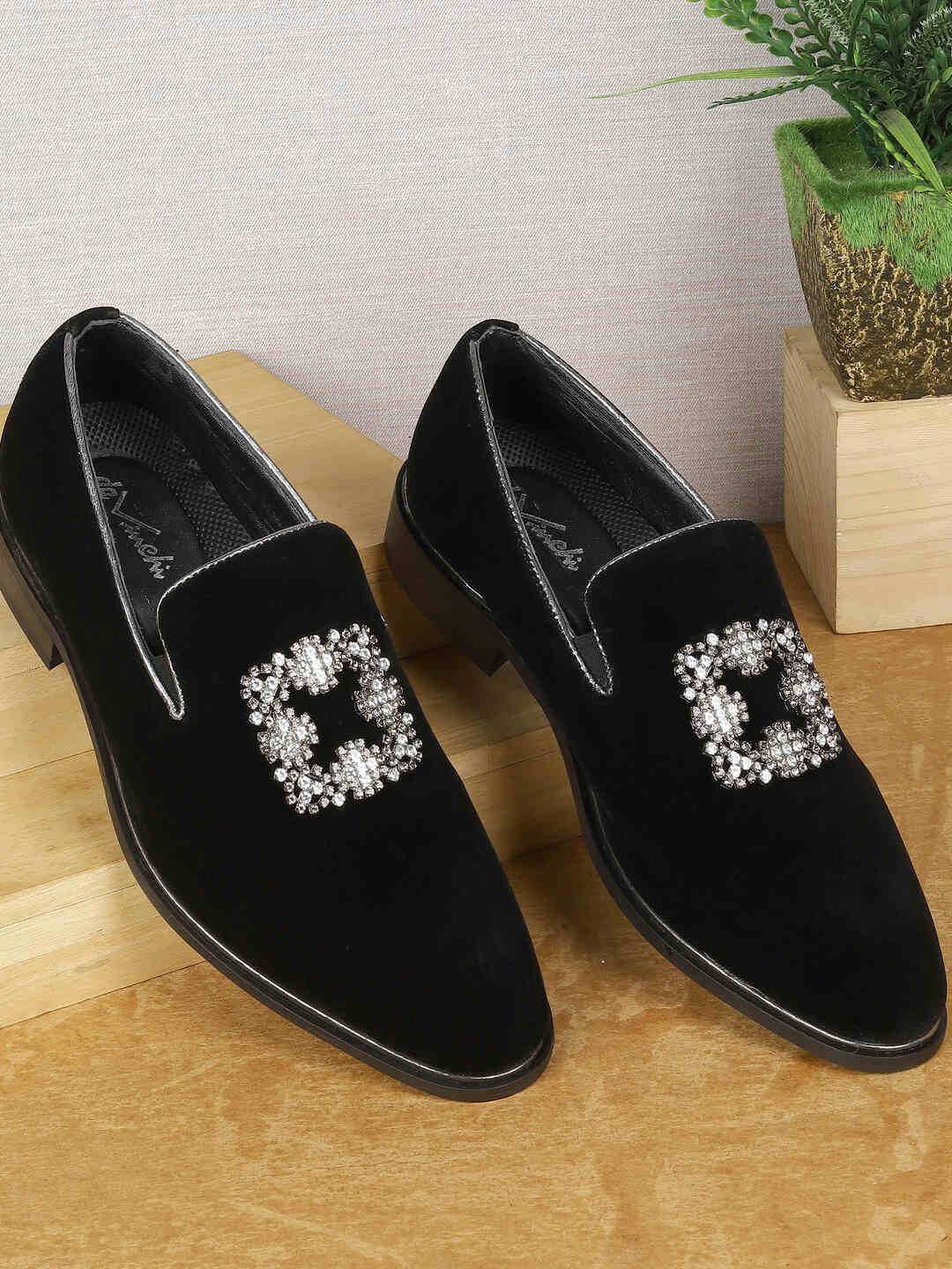 

DAVINCHI Men Suede Chunky Embellishments Loafers, Black
