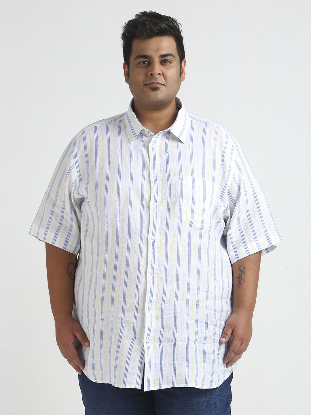 

Sizeupp Men Plus Size Standard Oversized Fit Vertical Striped Linen Casual Shirt, White