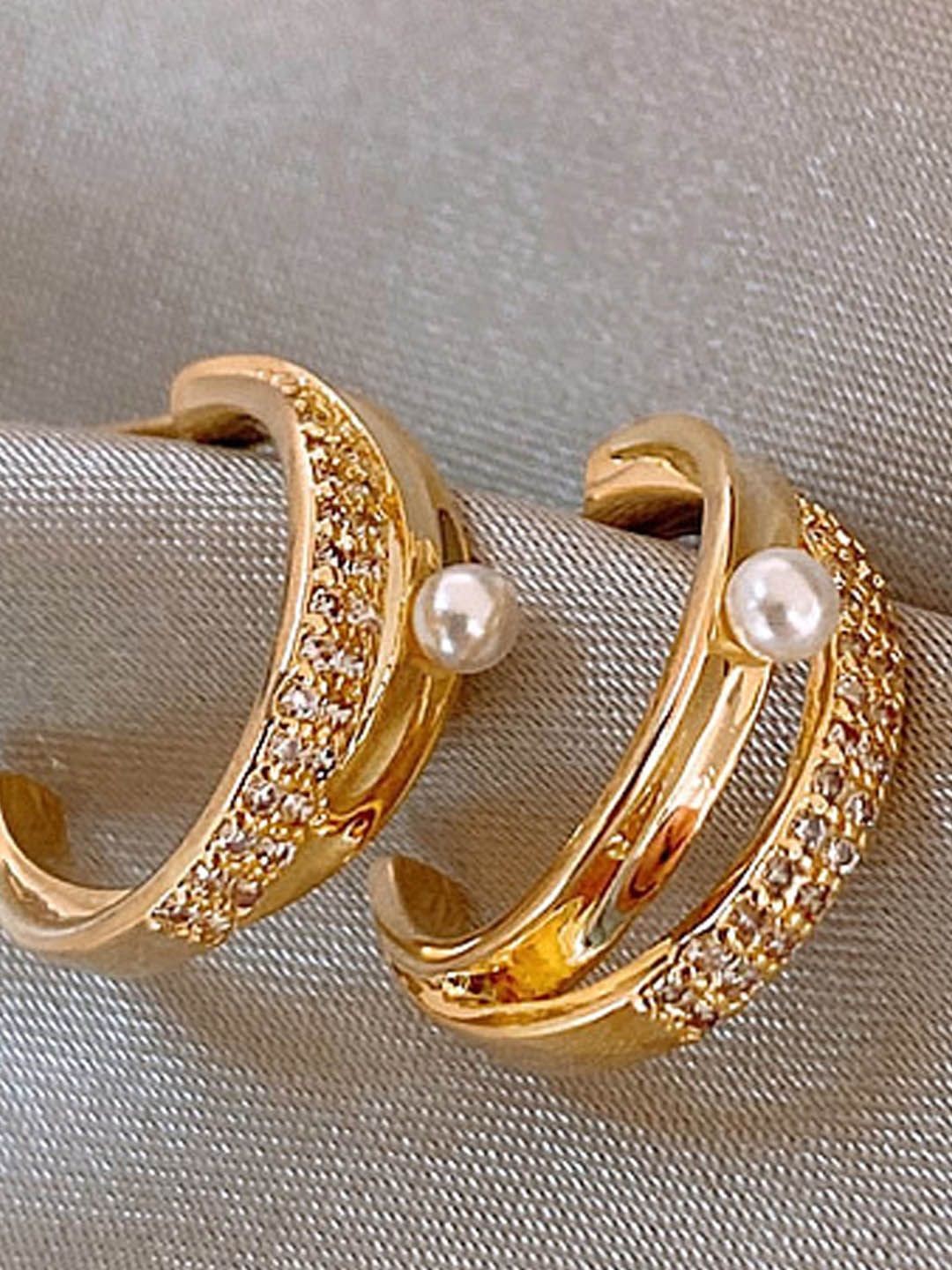

StyleCast Artificial Stones Studded And Beaded Contemporary Shaped Hoop Earrings, Gold