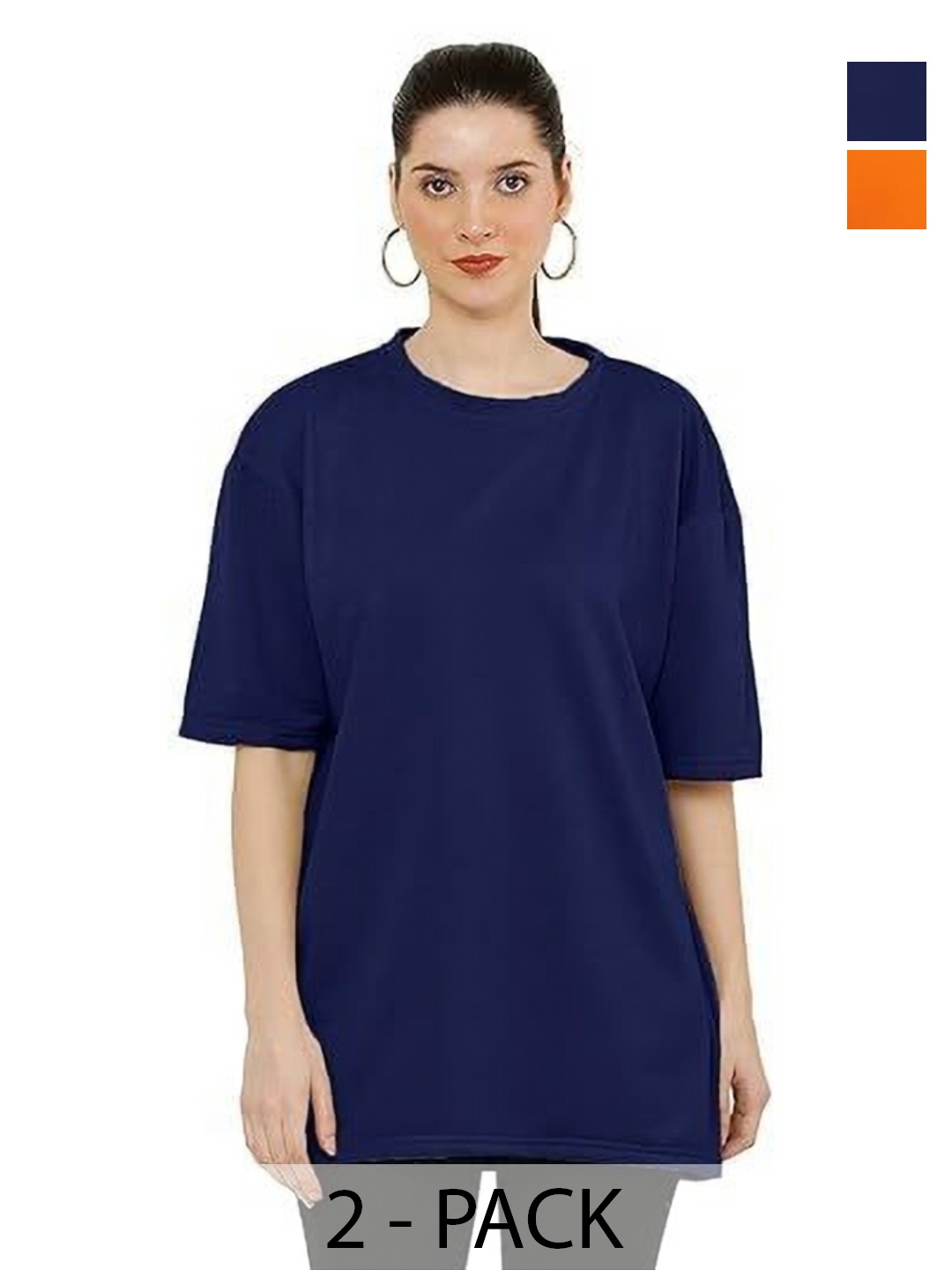 

NOTWILD Women Pack Of 2 Solid Round Neck Cotton Oversized T-shirts, Navy blue