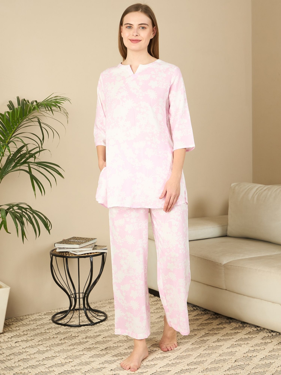 

July Women Floral Printed Night suit, Pink