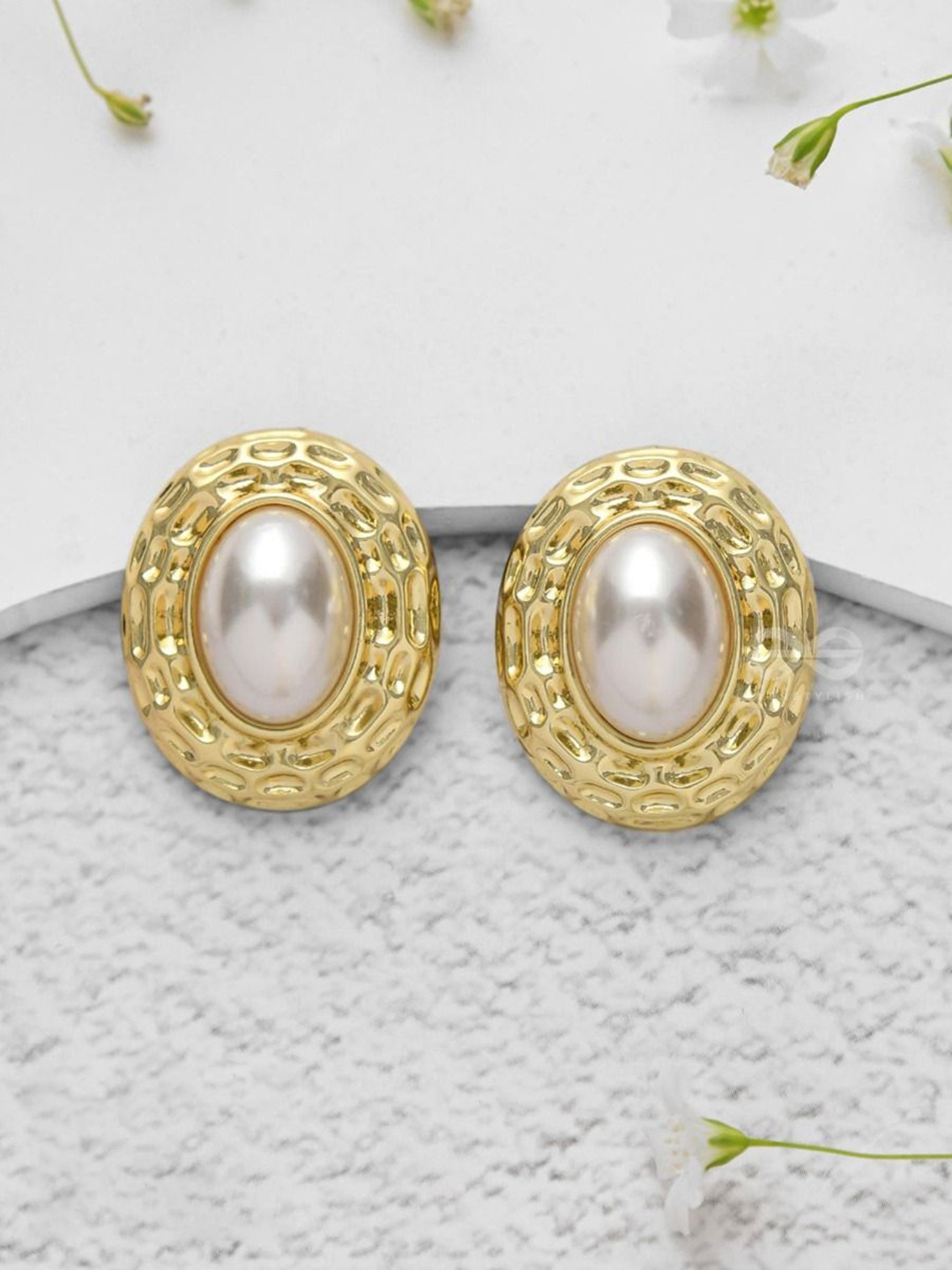 

EVERSTYLISH Twisted Curves Pearls Studded Oval Drop Earrings, Gold