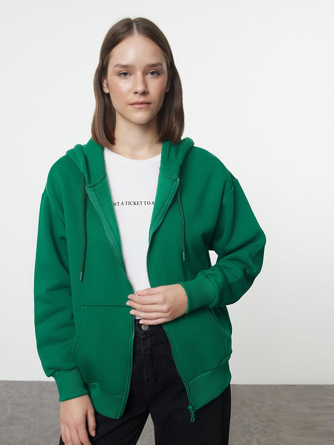 

Trendyol Women Front-Open Hooded Sweatshirt, Green