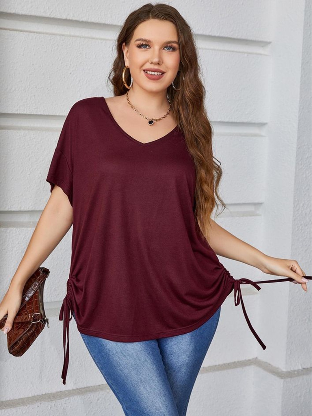 

LULU & SKY Women Extended Sleeves Plus Size Top, Maroon