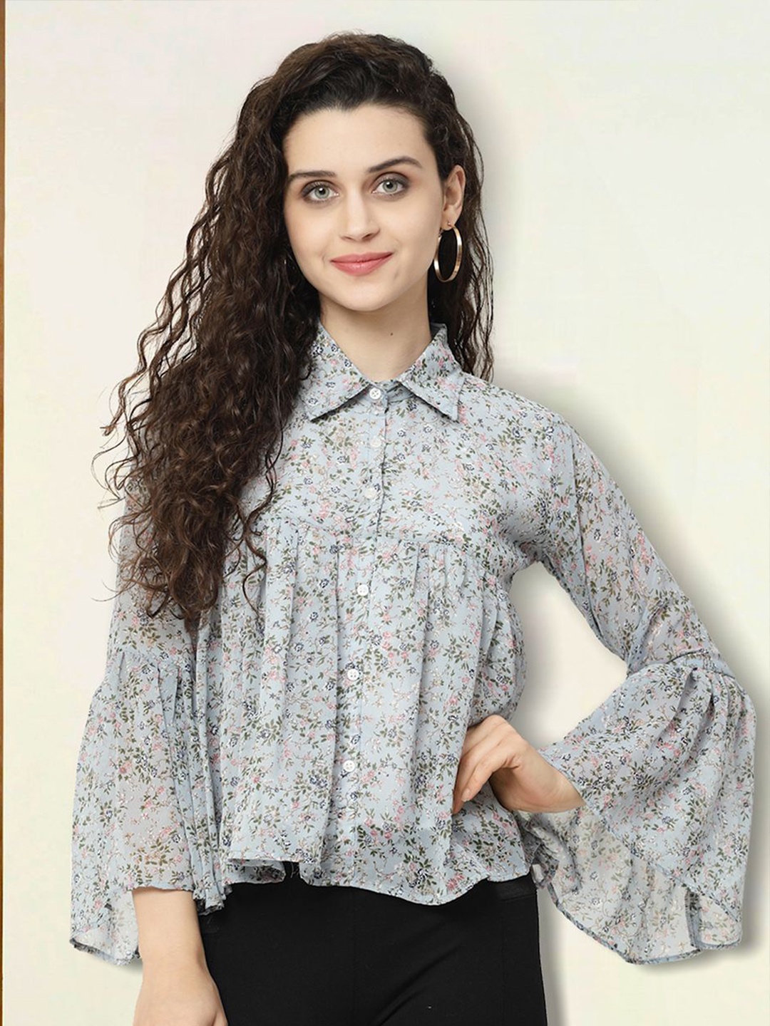 

MISS AYSE Women Floral Printed Shirt Collar Flared Sleeves Tiered Top, Grey