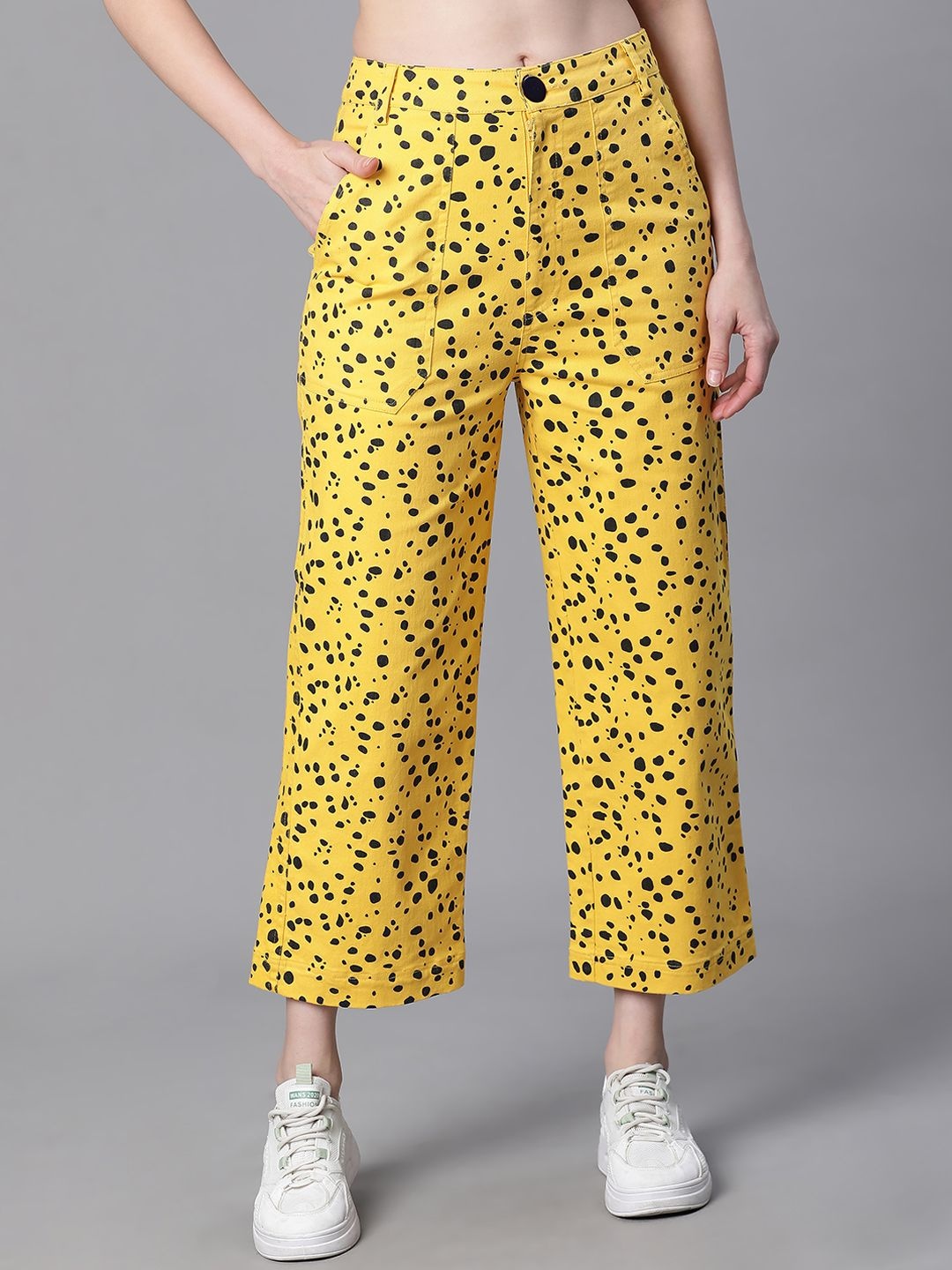 

Oxolloxo Women Animal Printed Smart Easy Wash Cotton Parallel Trousers, Yellow