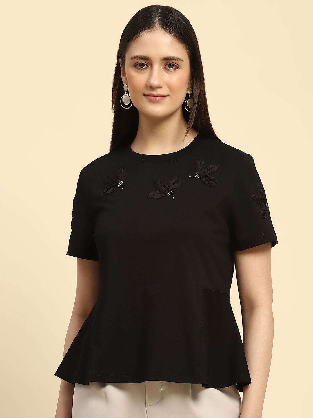 

Global Republic Women Embroidered Cotton Crop A-Line Top, Black