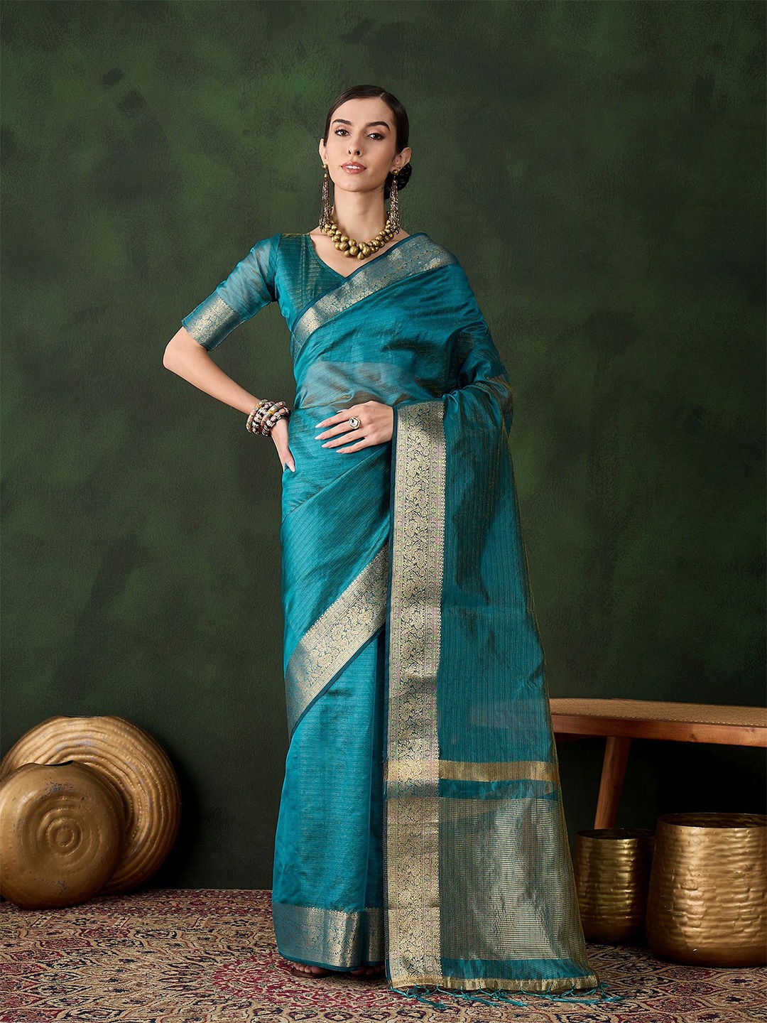 

Mitera Striped Zari Organza Kanjeevaram Saree, Teal