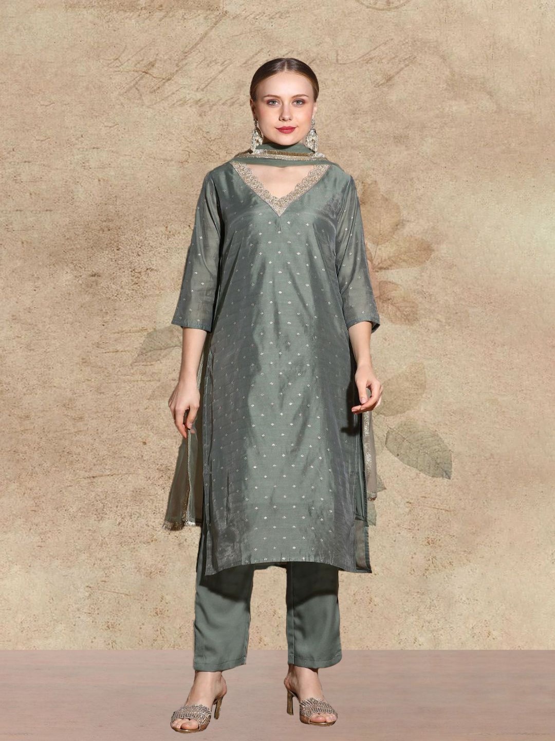 

AVANSHEE Women Ethnic Motifs Embroidered Regular Chanderi Cotton Kurta with Trousers & With Dupatta, Olive